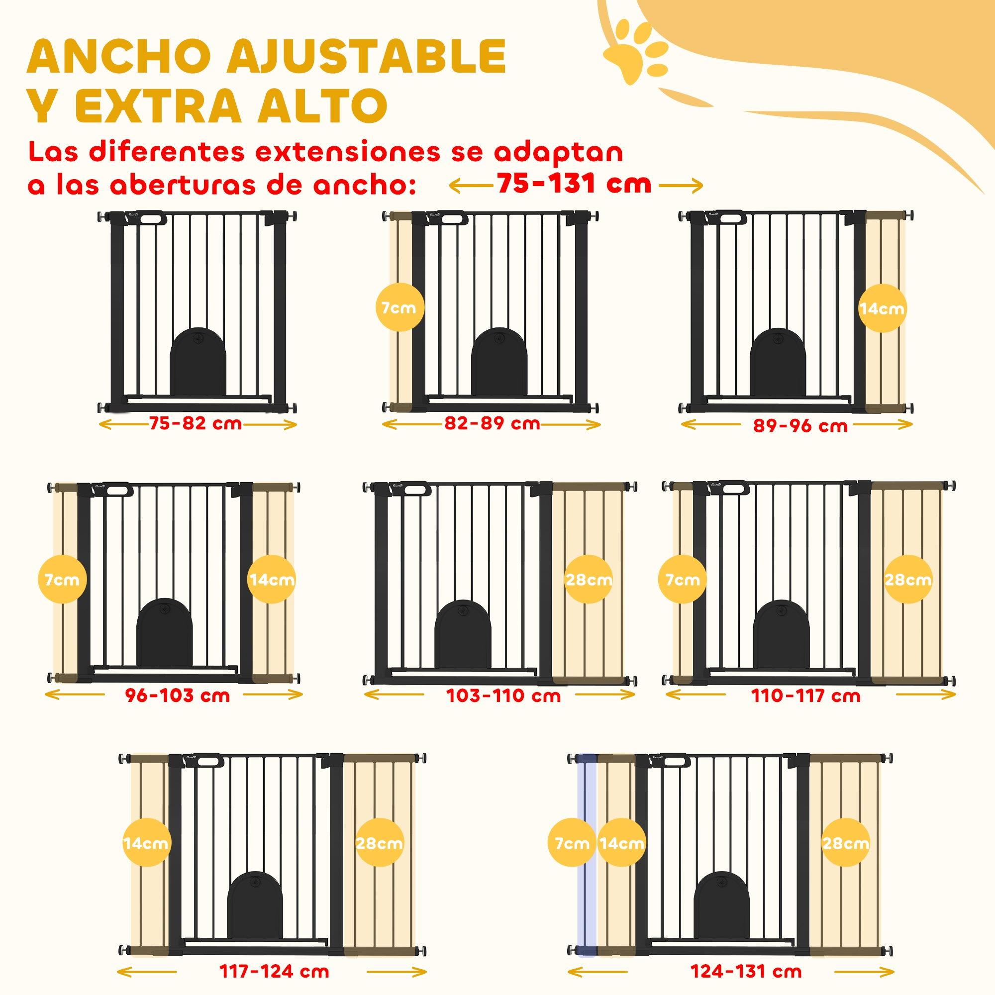 Puertas ajustables y extraaltas con diferentes anchos y extensiones.