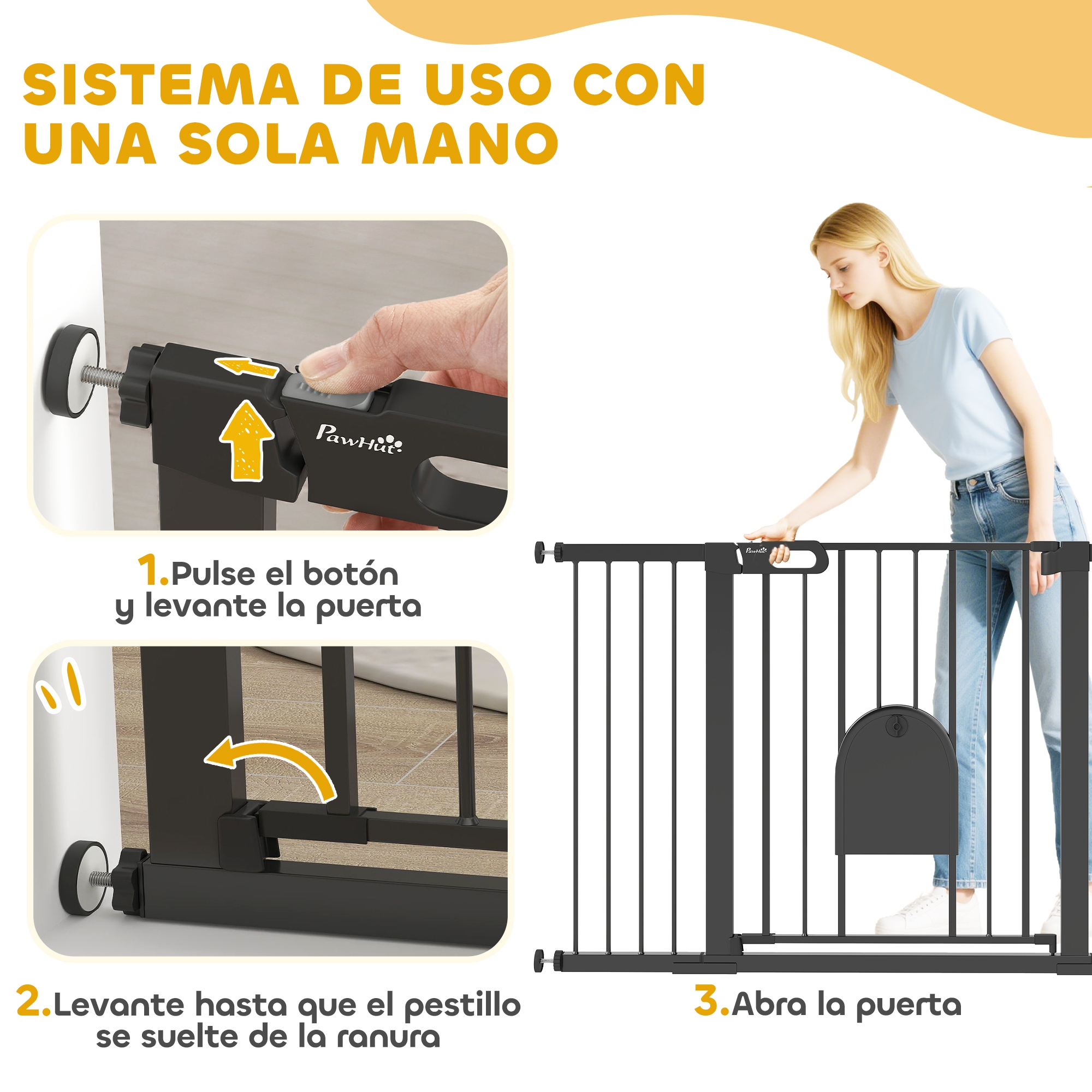 Barrera de seguridad de una mano: pulse botón, levante puerta. Instrucciones.