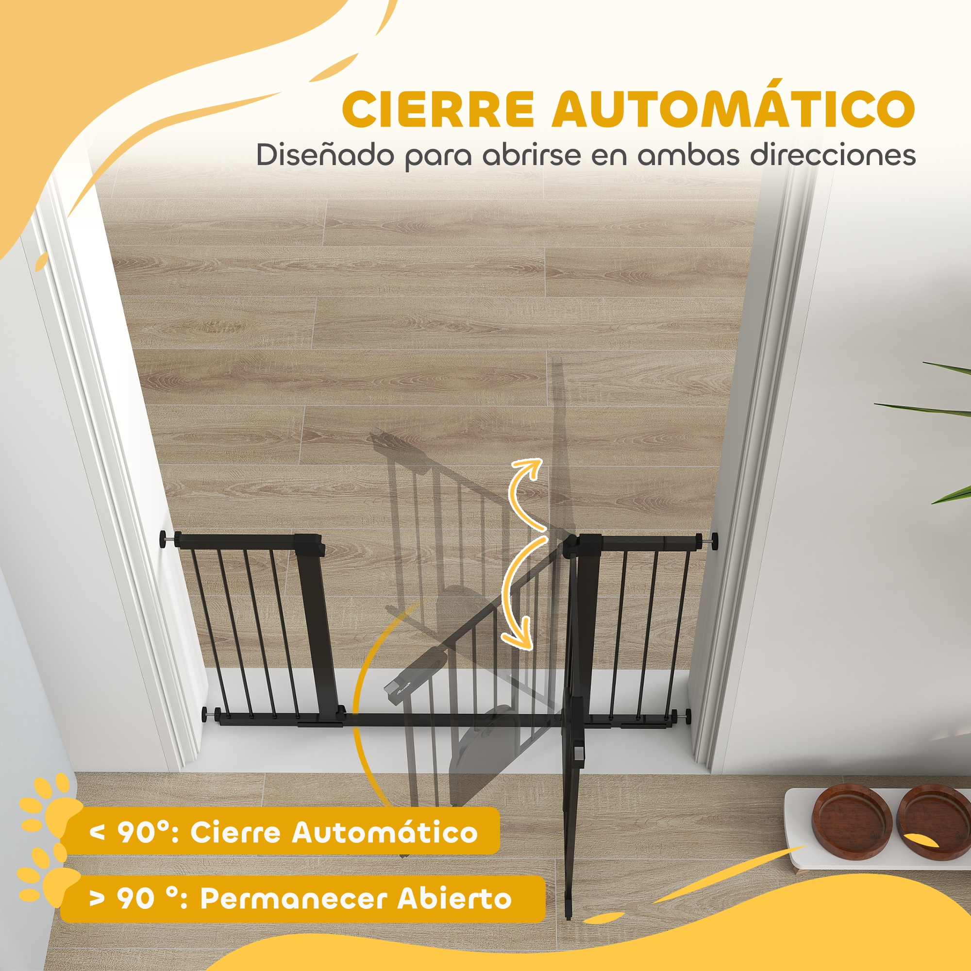 Una puerta de seguridad negra se abre en ambas direcciones sobre suelo de madera.