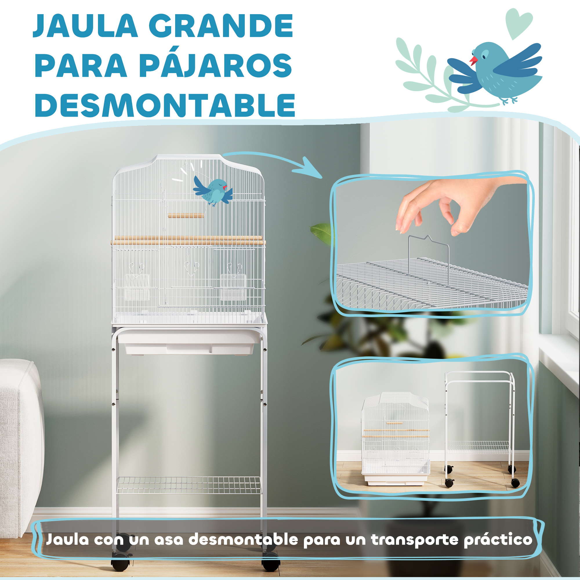 Una jaula blanca para pájaros con perchas y bandeja con ruedas.