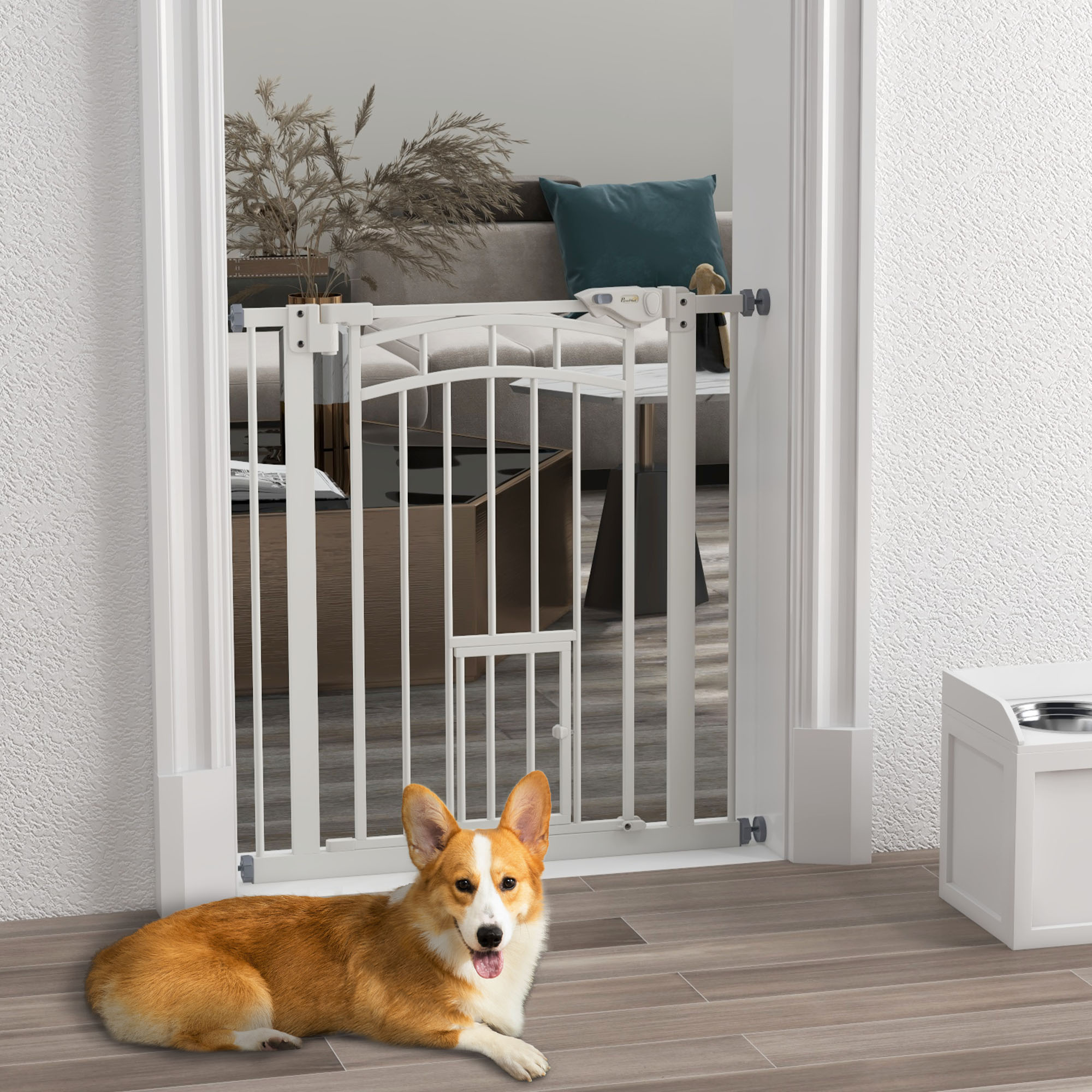 Un Corgi yace en el suelo frente a una barrera de bebé blanca en una sala.