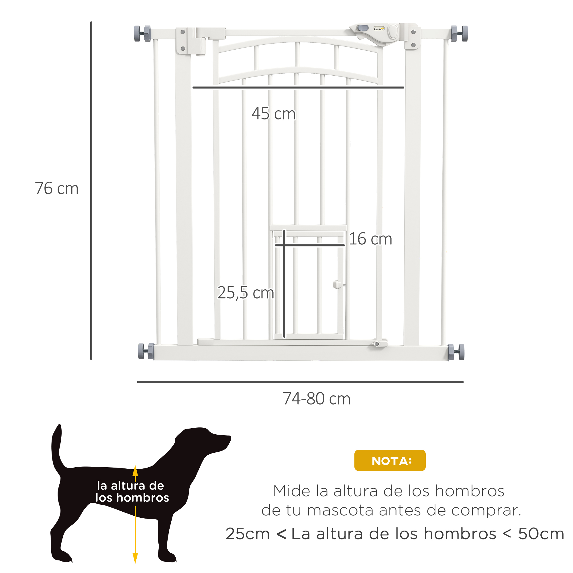 Puerta blanca para mascotas (76cm alto, 74-80cm ancho) con puerta.