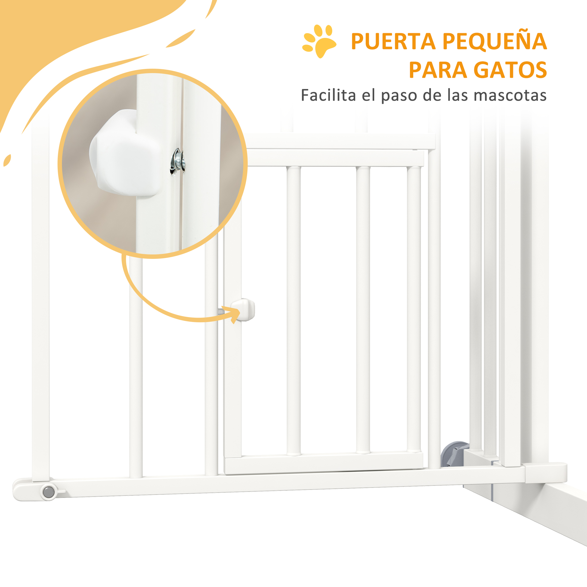 Puerta de reja blanca con manija blanca y mecanismo de pestillo.