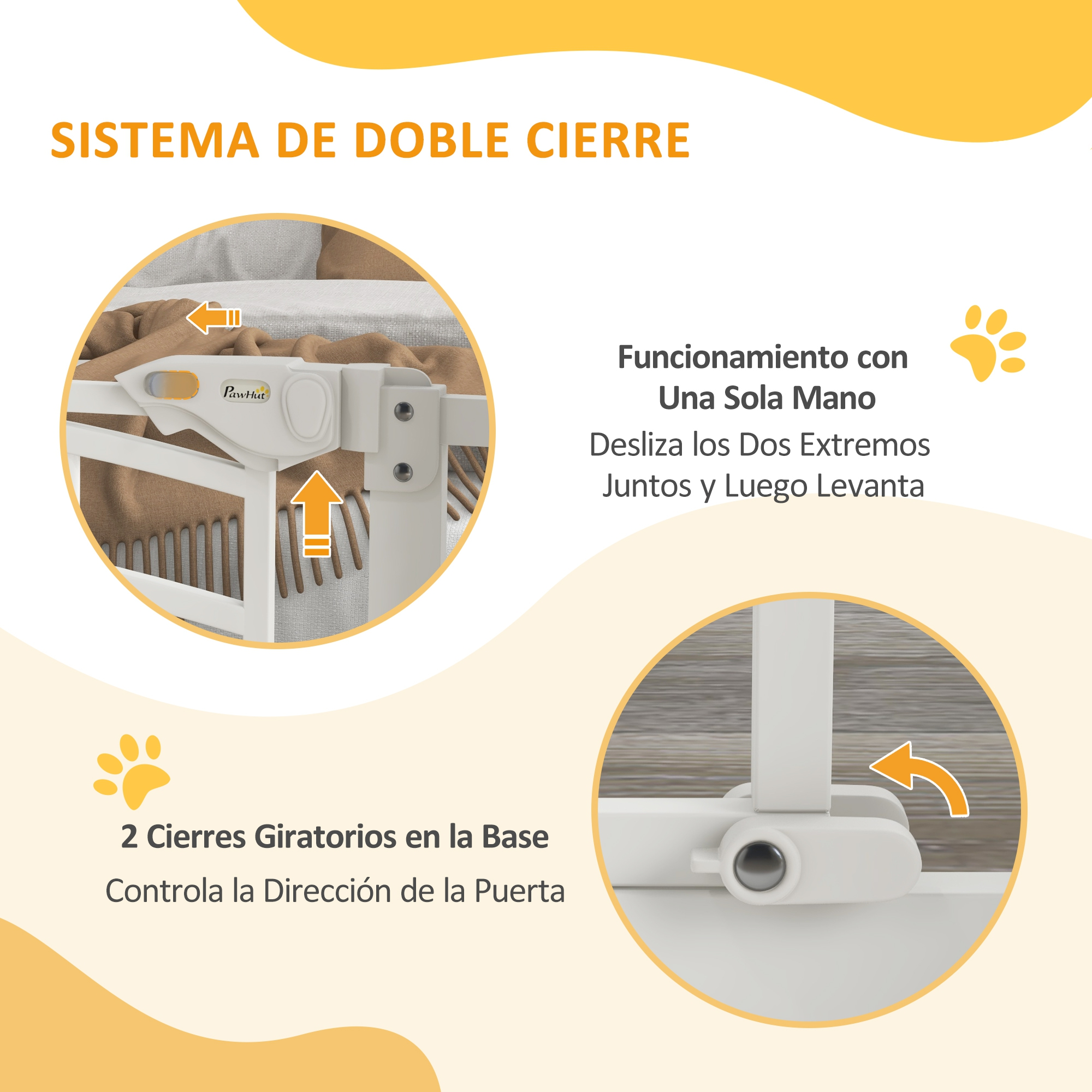 Primer plano de una barrera blanca para bebés con mecanismo de cierre y flechas.