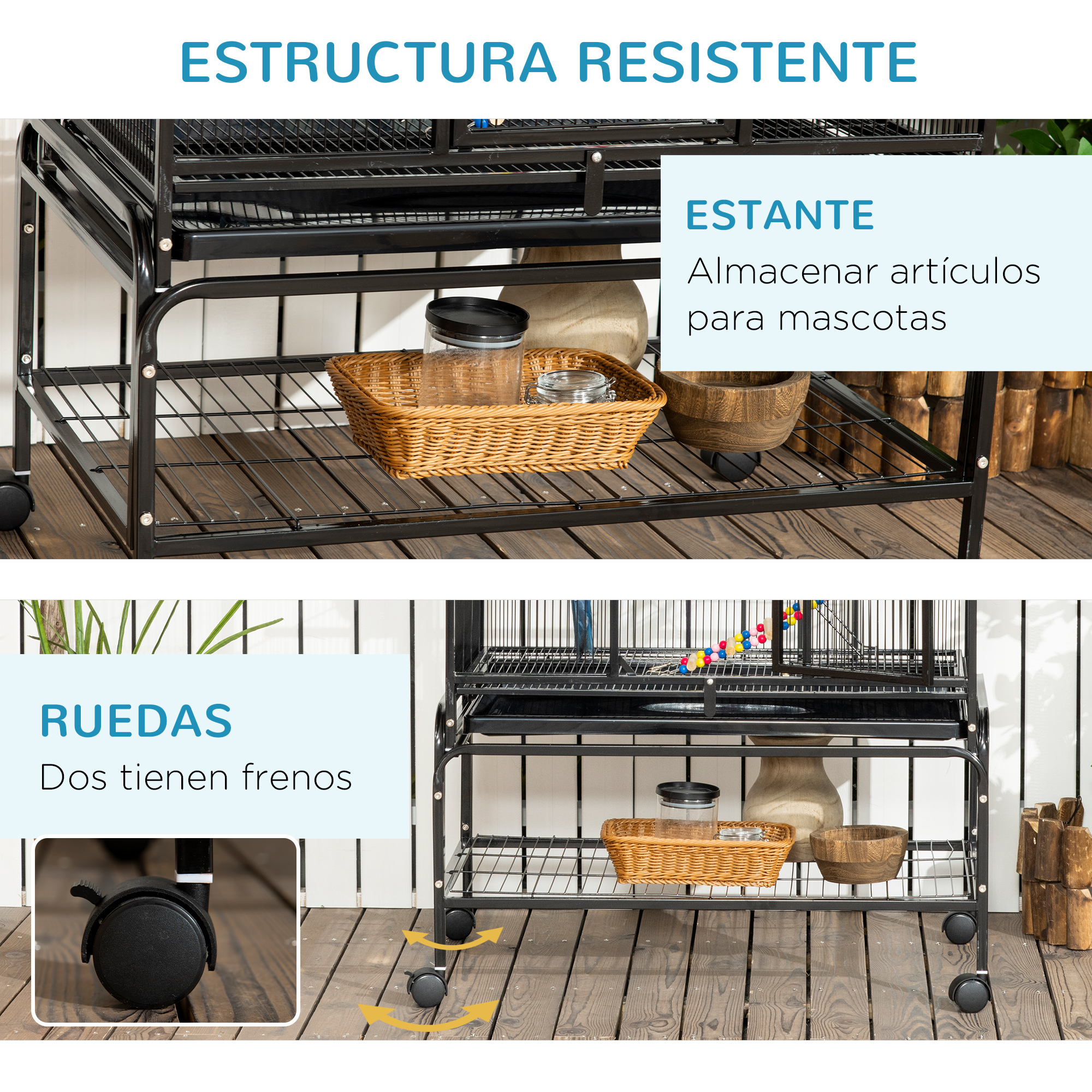 Jaula negra de metal con ruedas, estantes, cesta y frascos.