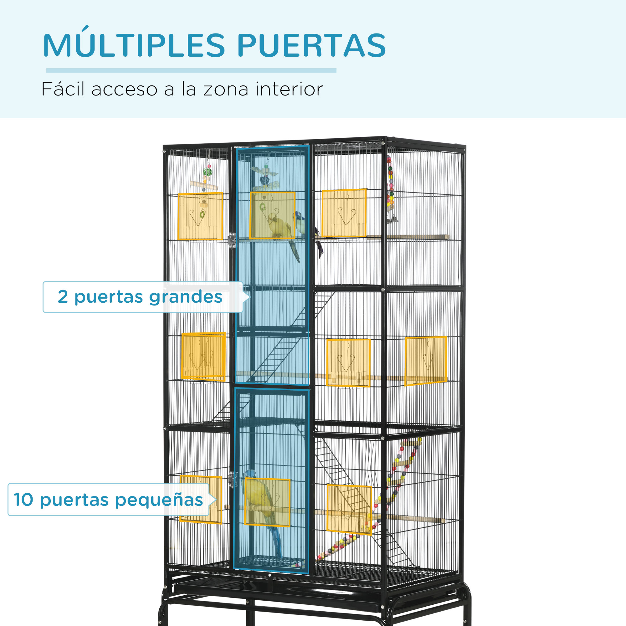 Jaula alta negra para pájaros con múltiples puertas, perchas y pájaros.