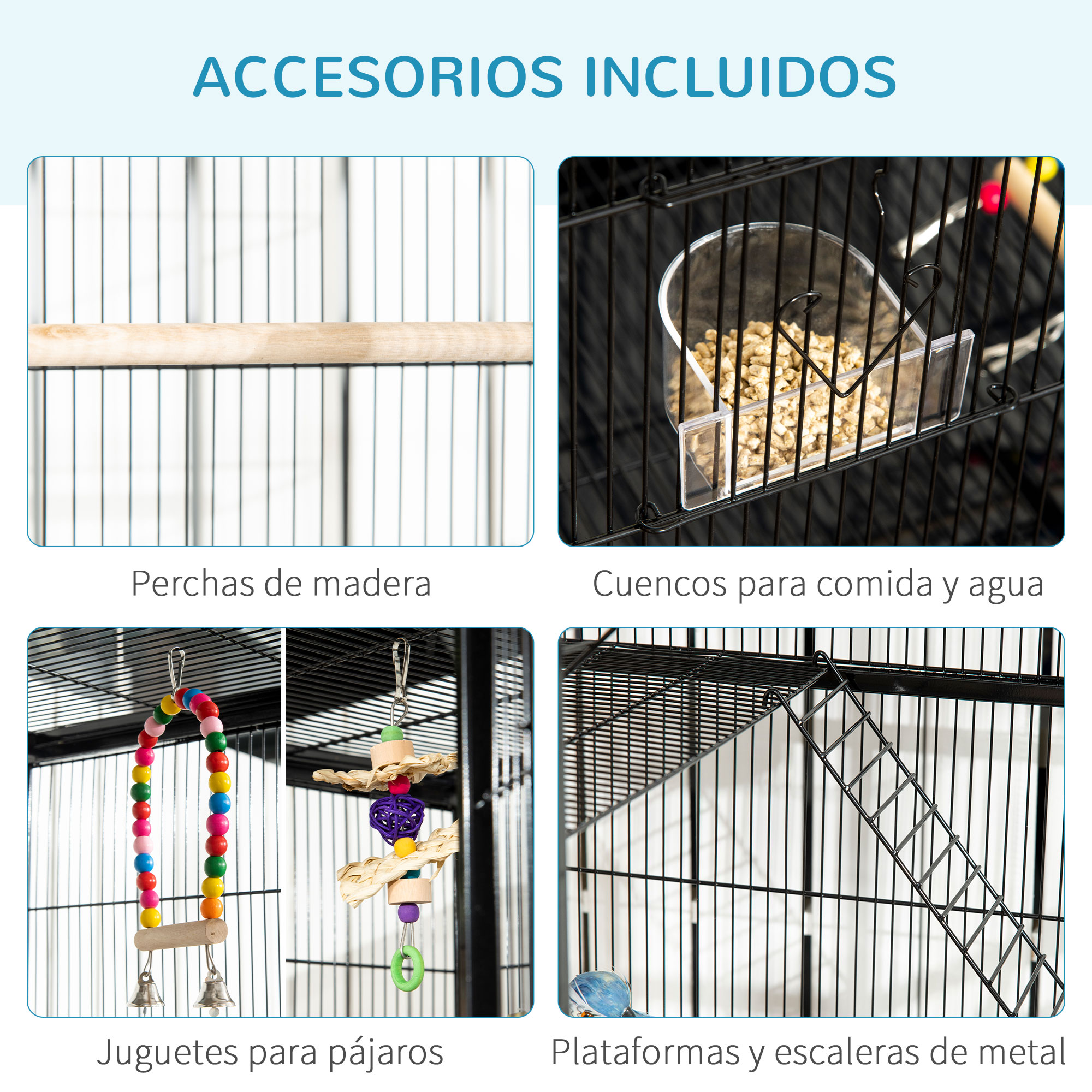 Accesorios para jaula de pájaros: perchas madera, cuencos, juguetes, plataformas.