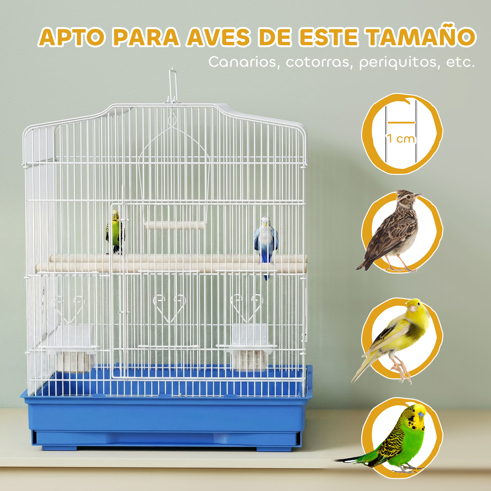 Una jaula blanca para pájaros con dos periquitos, un canario y un gorrión.