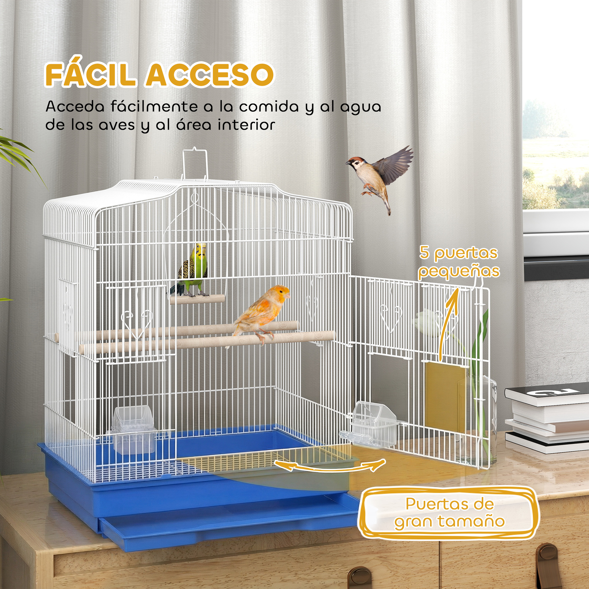 Una jaula blanca para pájaros con tres pájaros y accesorios sobre una mesa.