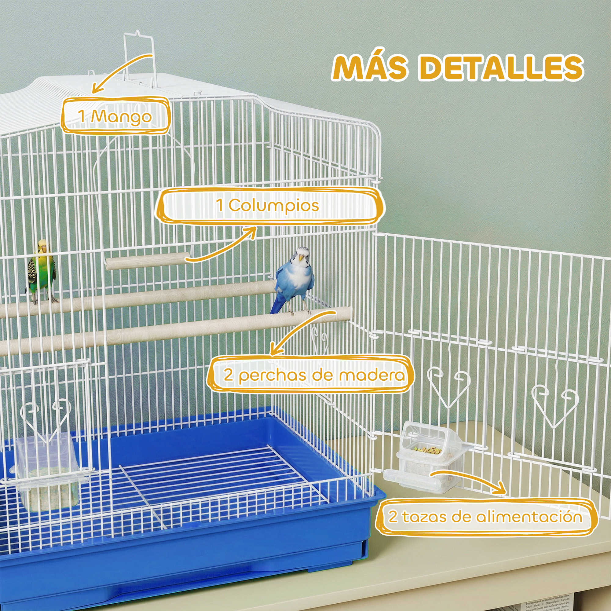 Una jaula blanca para pájaros con pájaros, perchas y comederos.