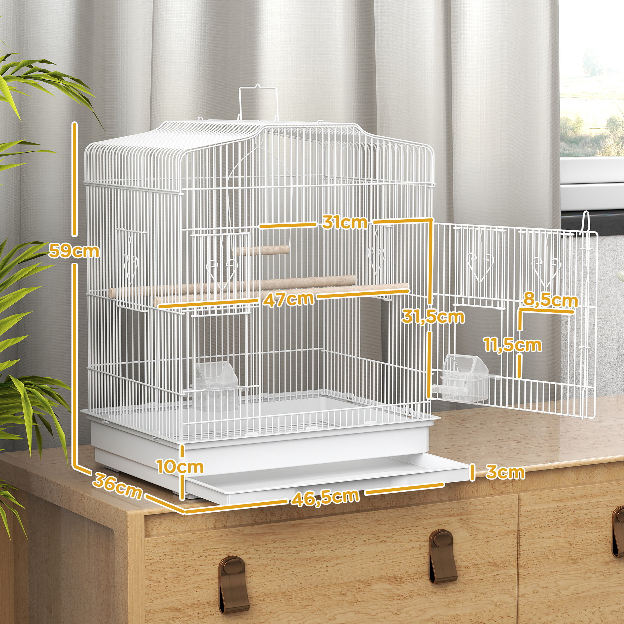 Una jaula blanca para pájaros con dimensiones, sobre una cómoda de madera.