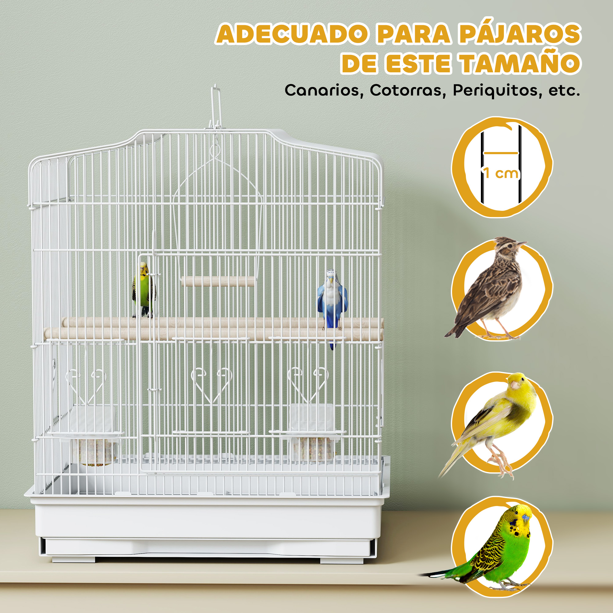 Una jaula blanca para pájaros con dos periquitos e información de tamaño.
