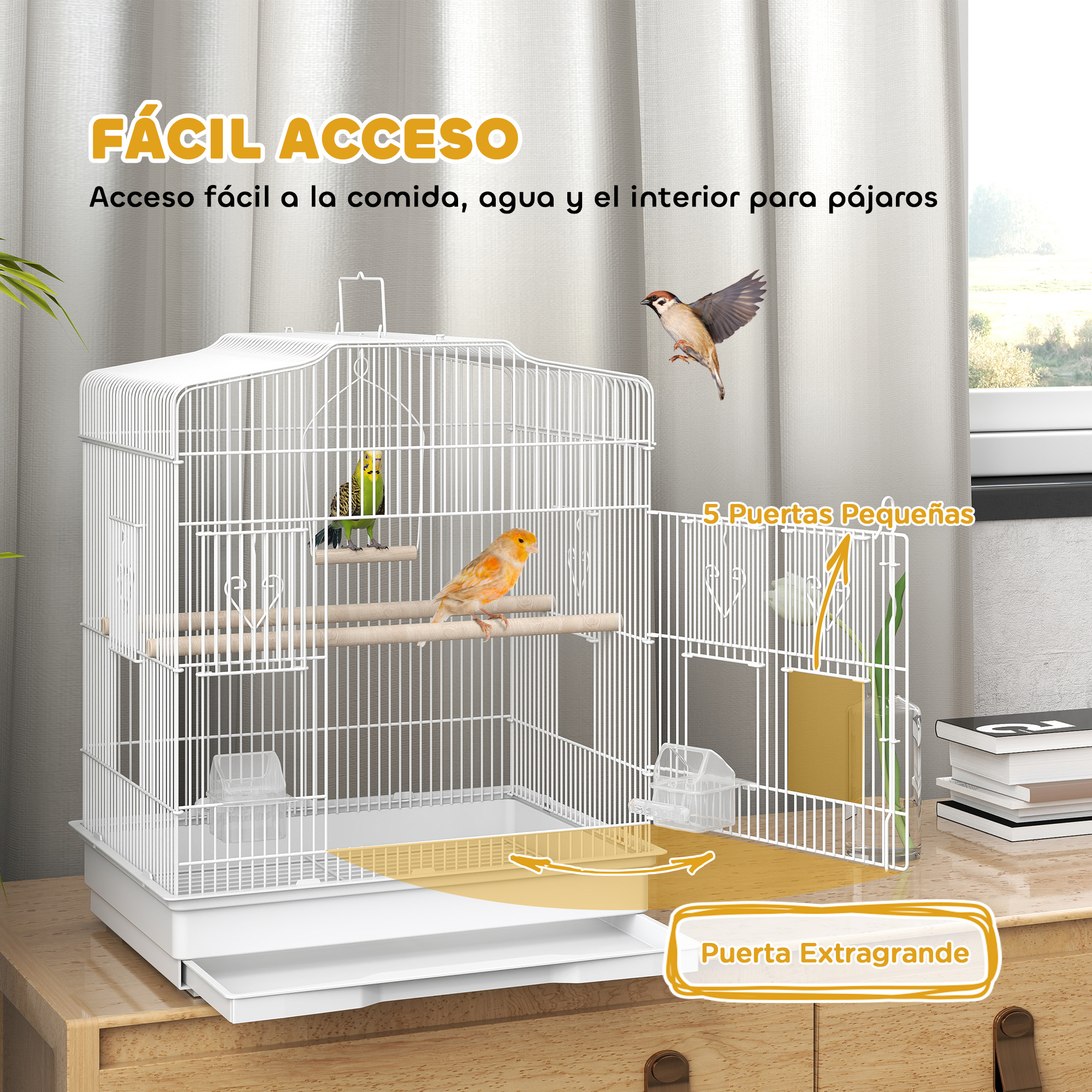 Una jaula blanca para pájaros con dos pájaros, uno naranja y uno verde, en perchas.