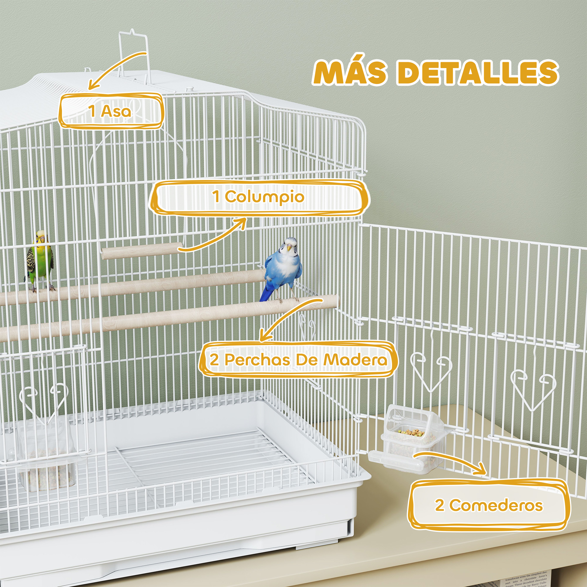 Una jaula blanca para pájaros con dos periquitos, perchas y comederos.