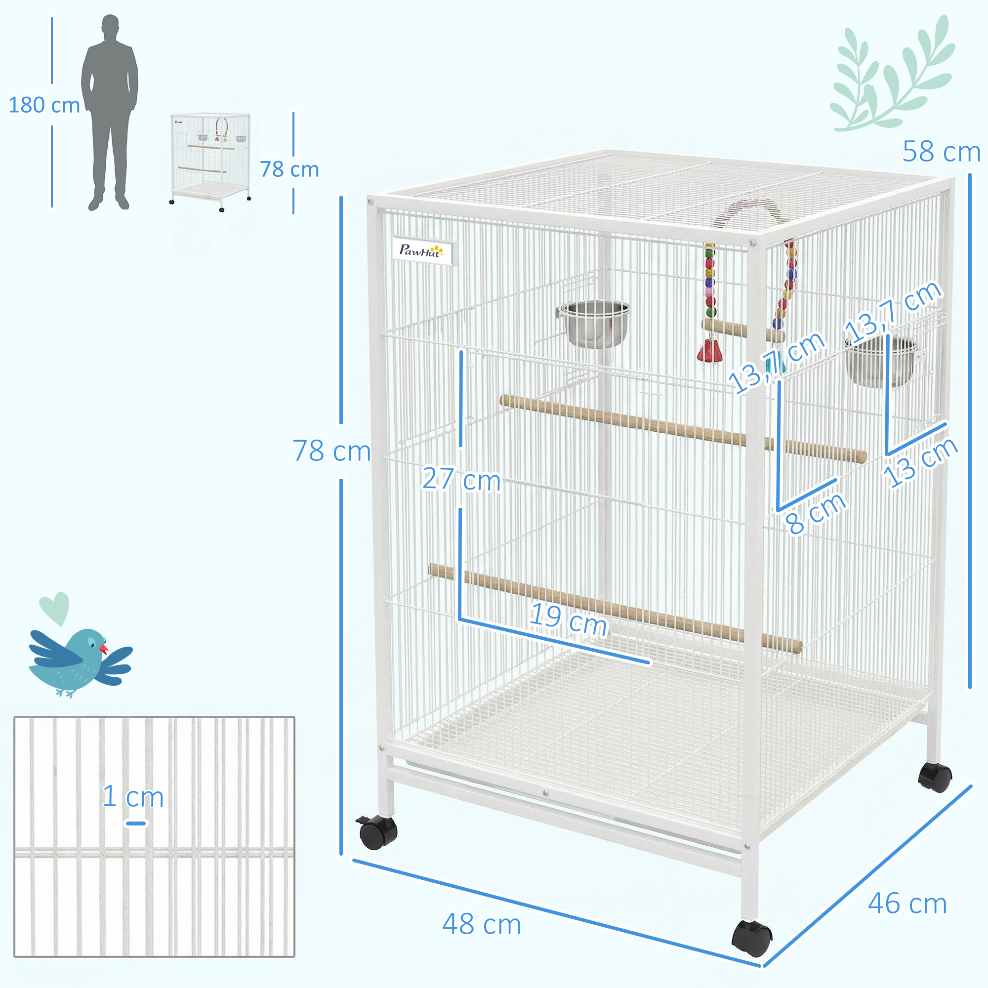 Una jaula blanca para pájaros con dimensiones y accesorios. Un hombre está al lado.