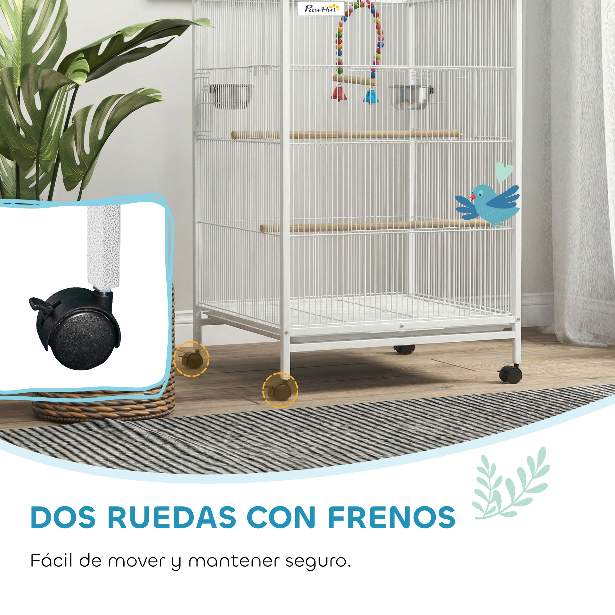 Una jaula blanca para pájaros con ruedas, cuencos y perchas.