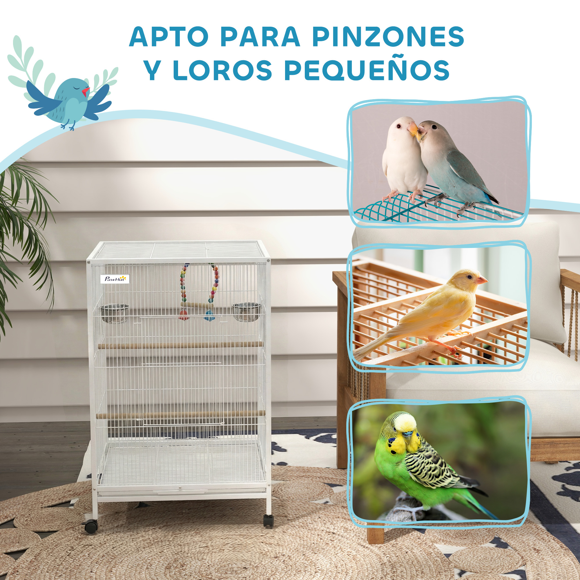 Una jaula blanca para pájaros sobre una alfombra, con tres imágenes de pájaros.