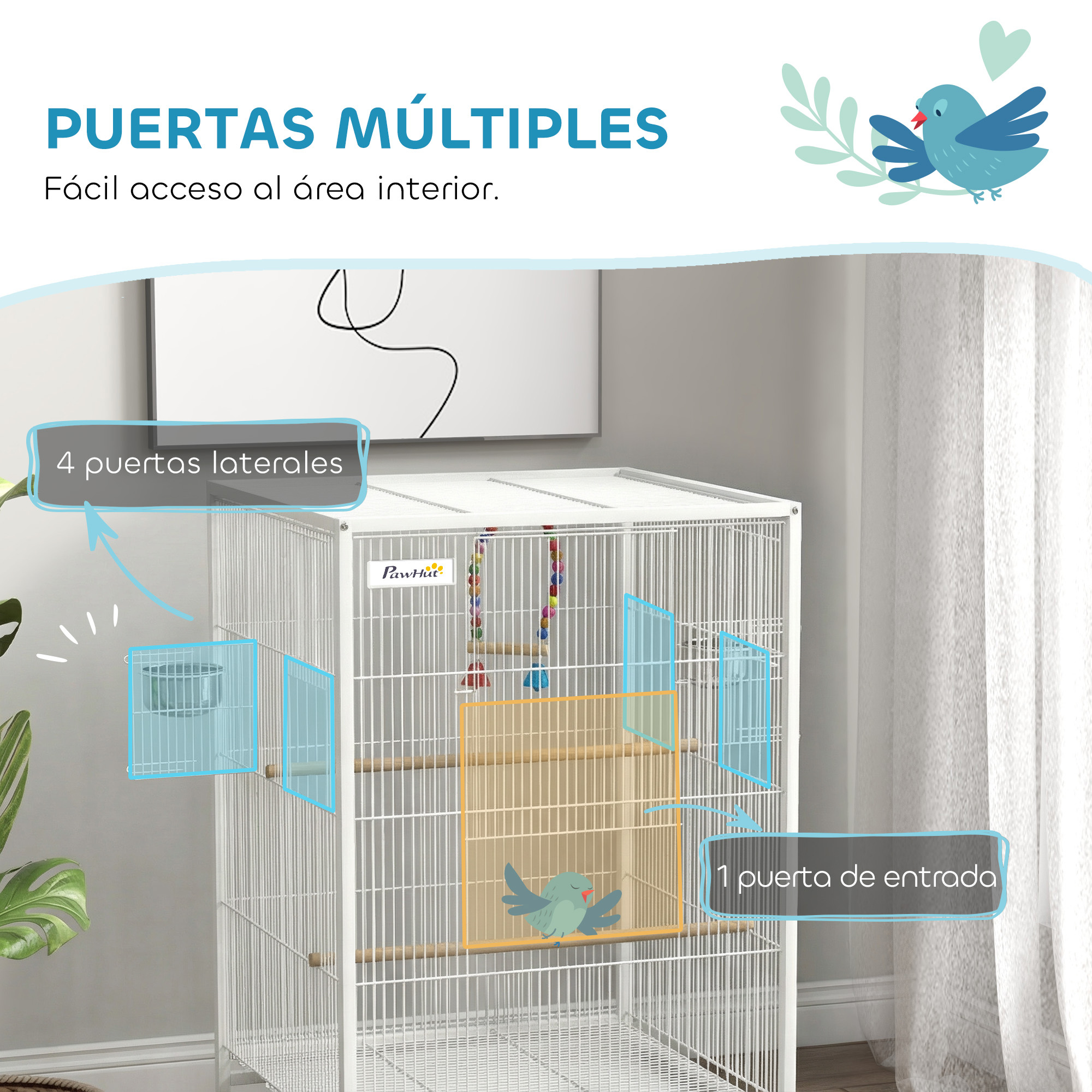 Una jaula blanca para pájaros con múltiples puertas y accesorios.