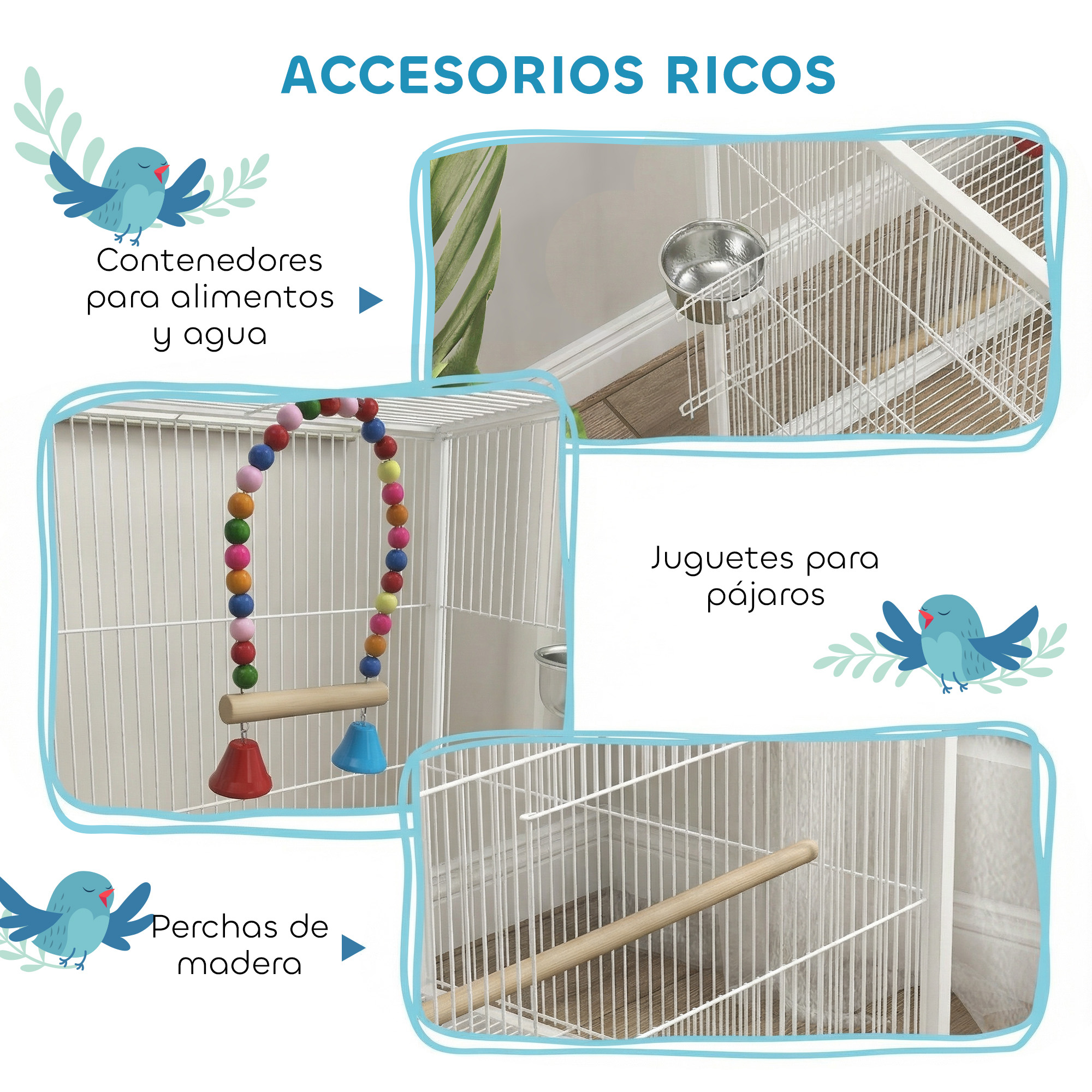 Imágenes de accesorios para pájaros: comederos, juguetes, perchas de madera y jaula.