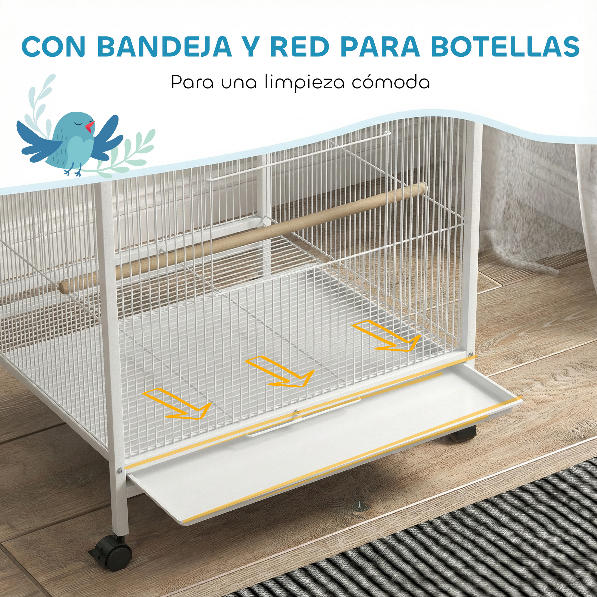 Una jaula blanca para pájaros con bandeja extraíble y percha.