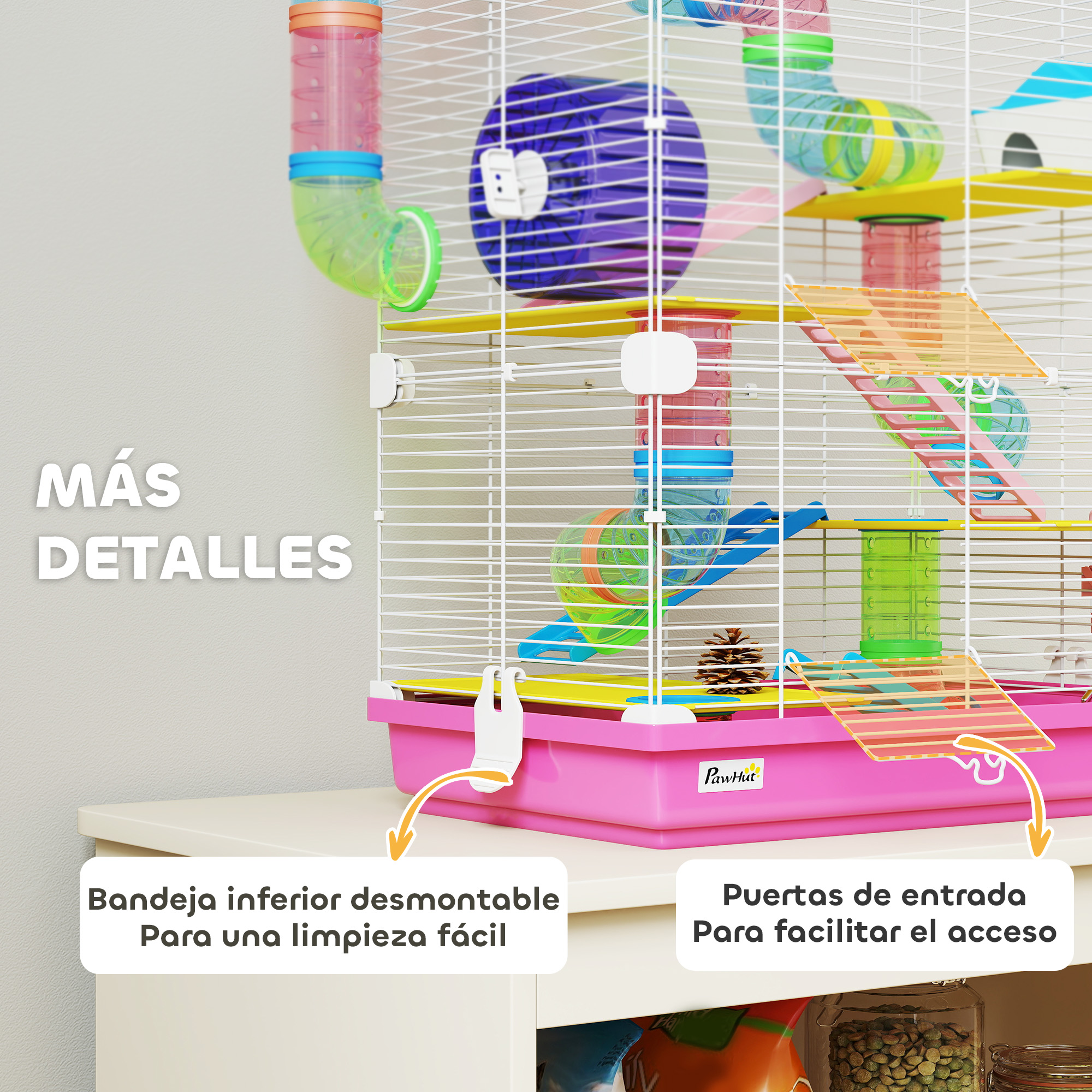 Una colorida jaula para hámster con tubos, rueda y niveles sobre una mesa.
