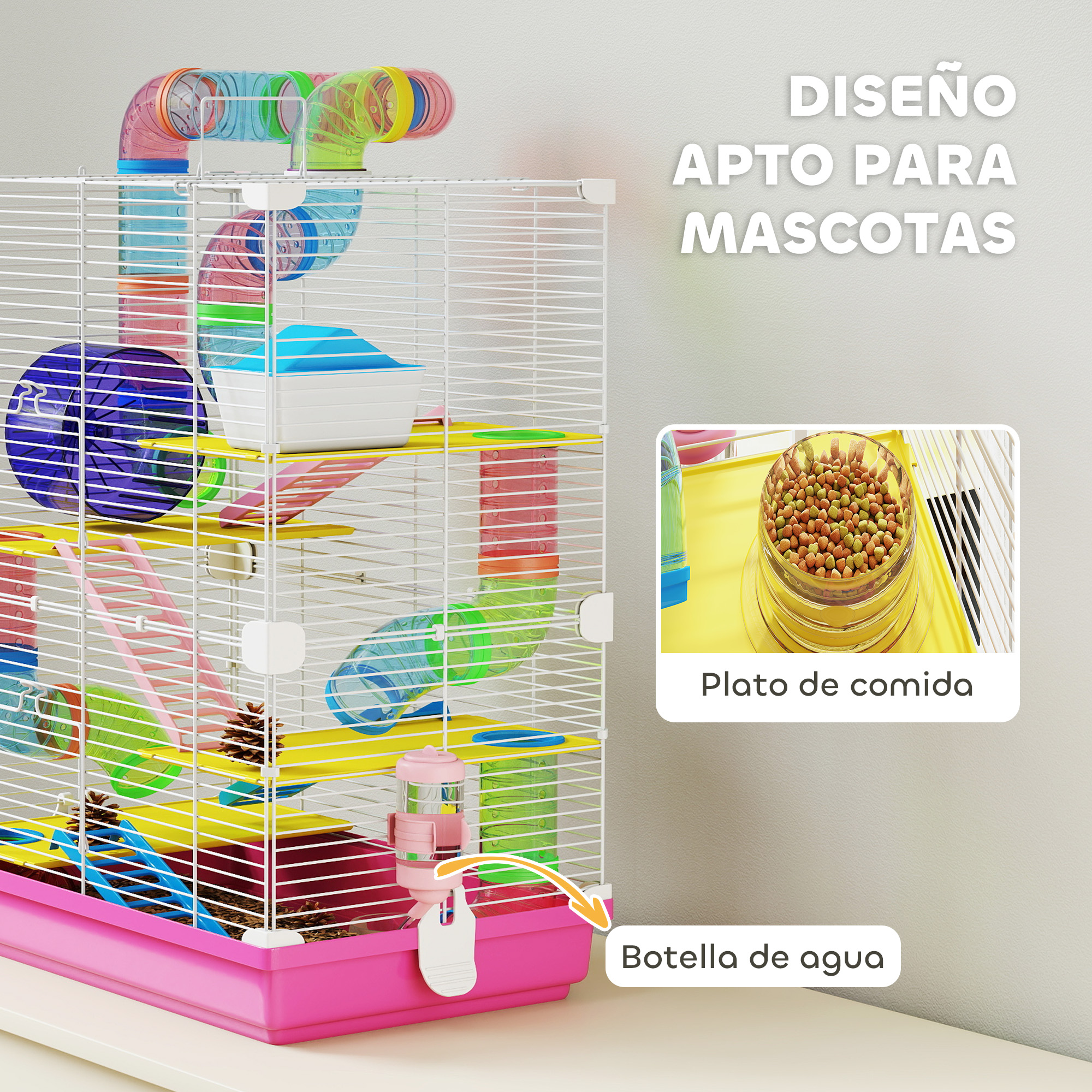 Una jaula para hámster con tubos coloridos, niveles, rueda y dispensadores de comida y agua.