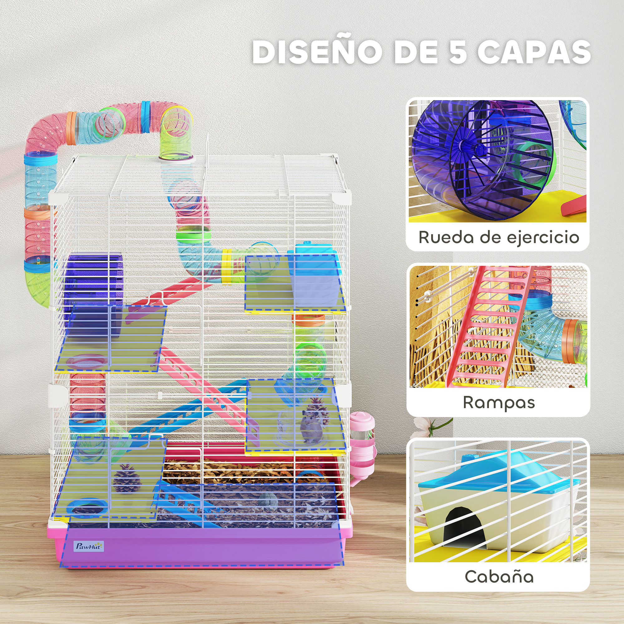 Una jaula para hámster de varios niveles con tubos, rampas, rueda y casa.