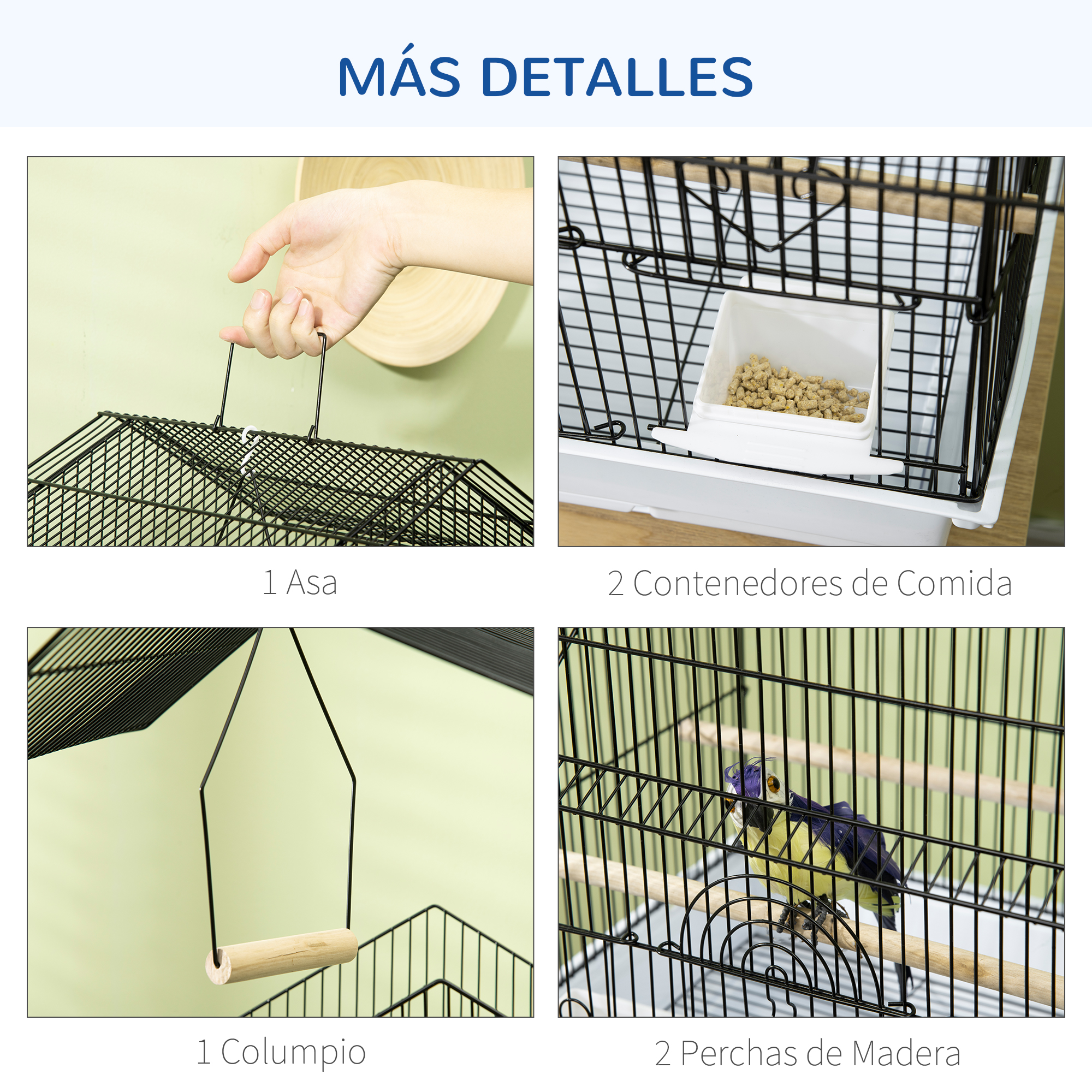 Una jaula para pájaros con accesorios: asa, comederos, perchas y un pájaro.