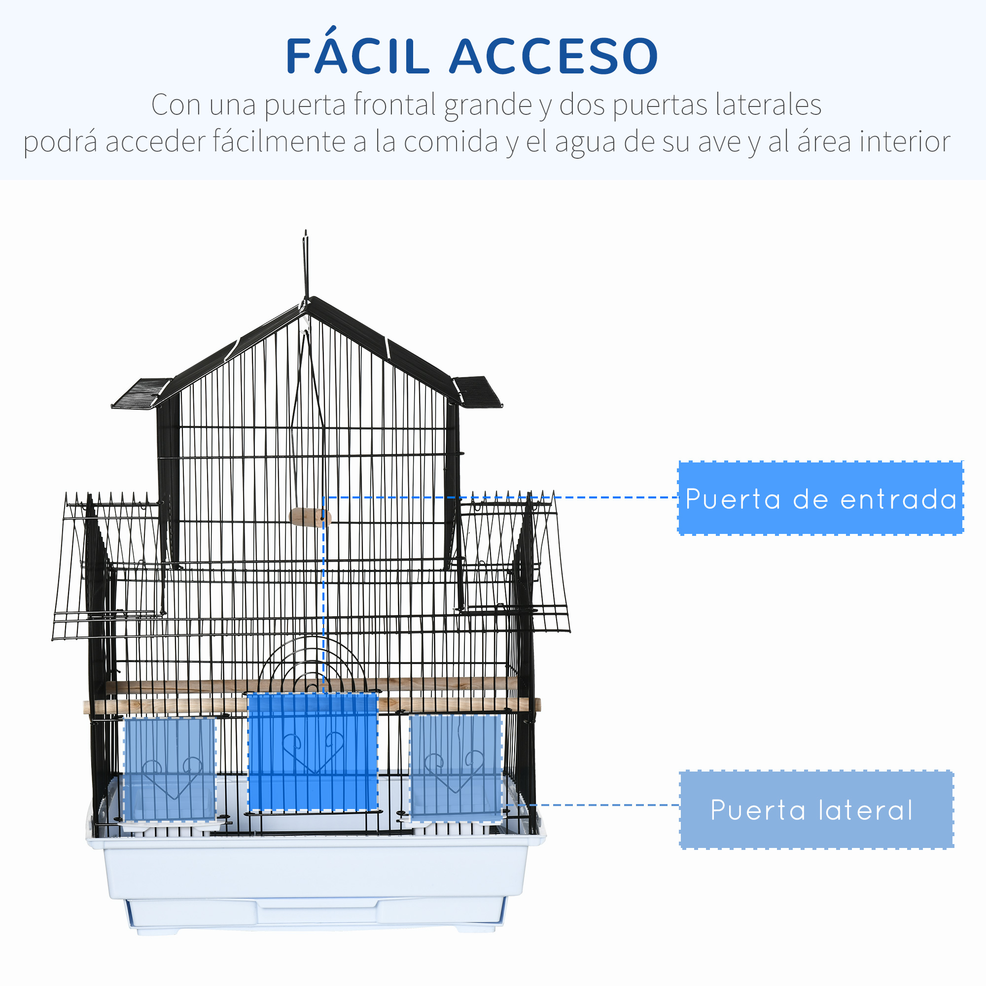 Una jaula negra para pájaros con comederos blancos, de fácil acceso.