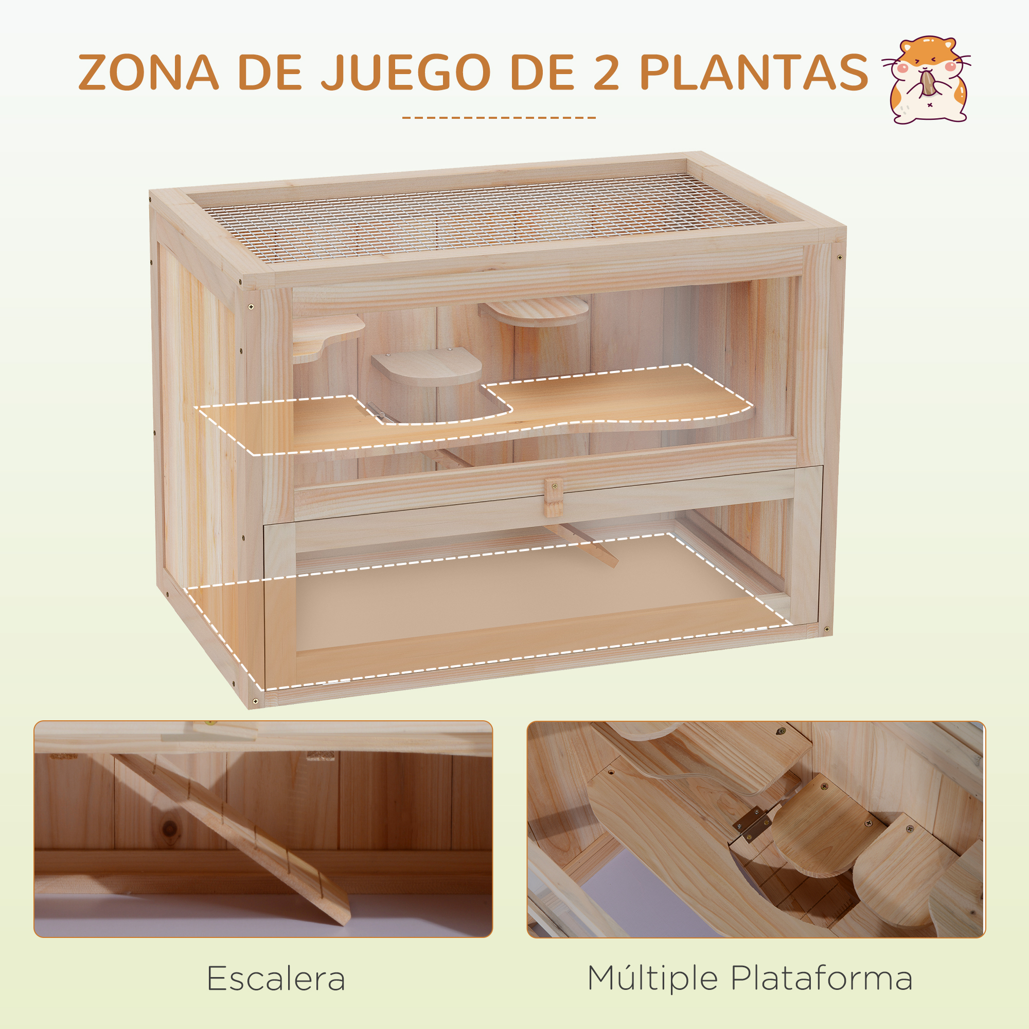 Jaula de madera para animales pequeños con varios niveles, rampa y plataformas.