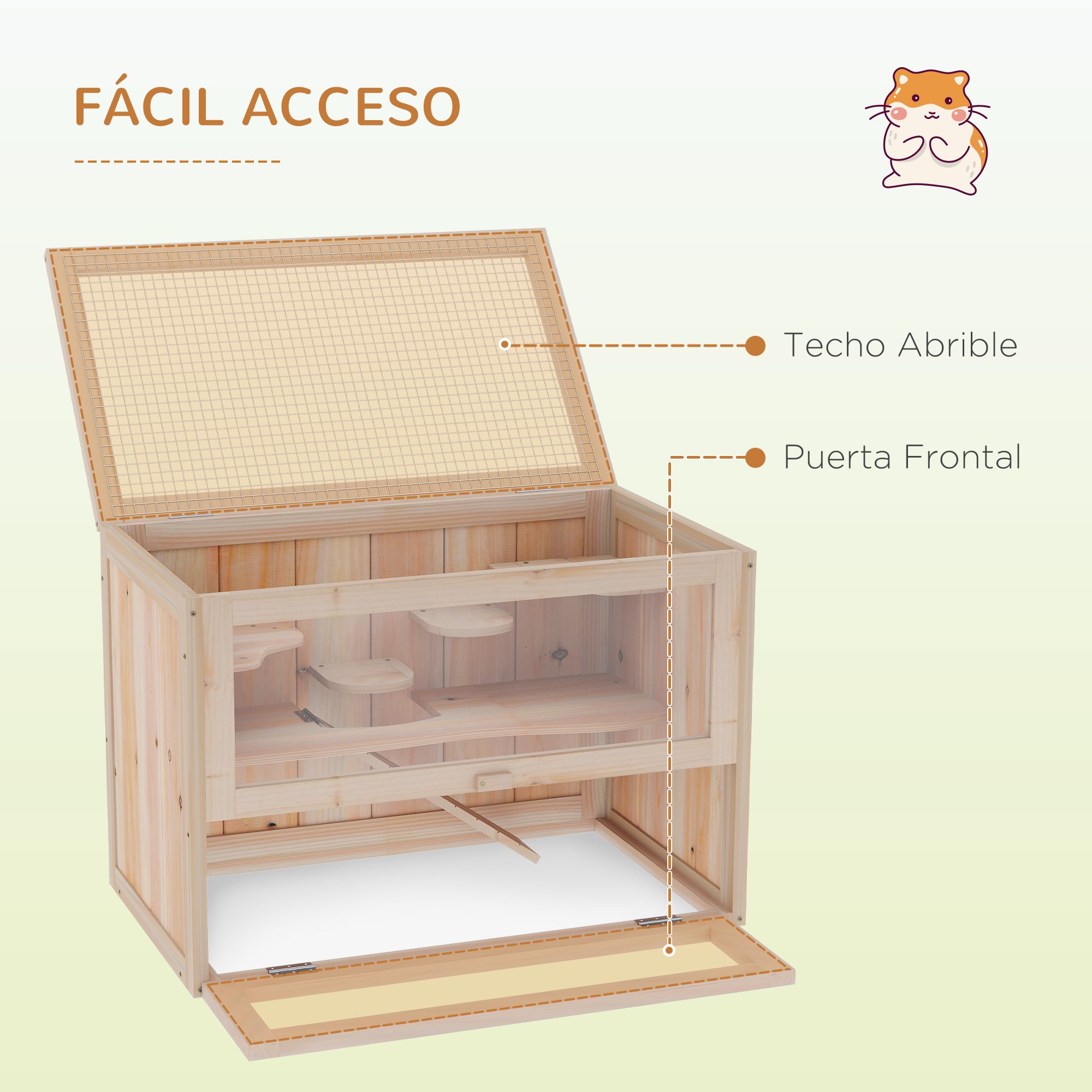 Una jaula de madera para animales pequeños con techo abatible y puerta.