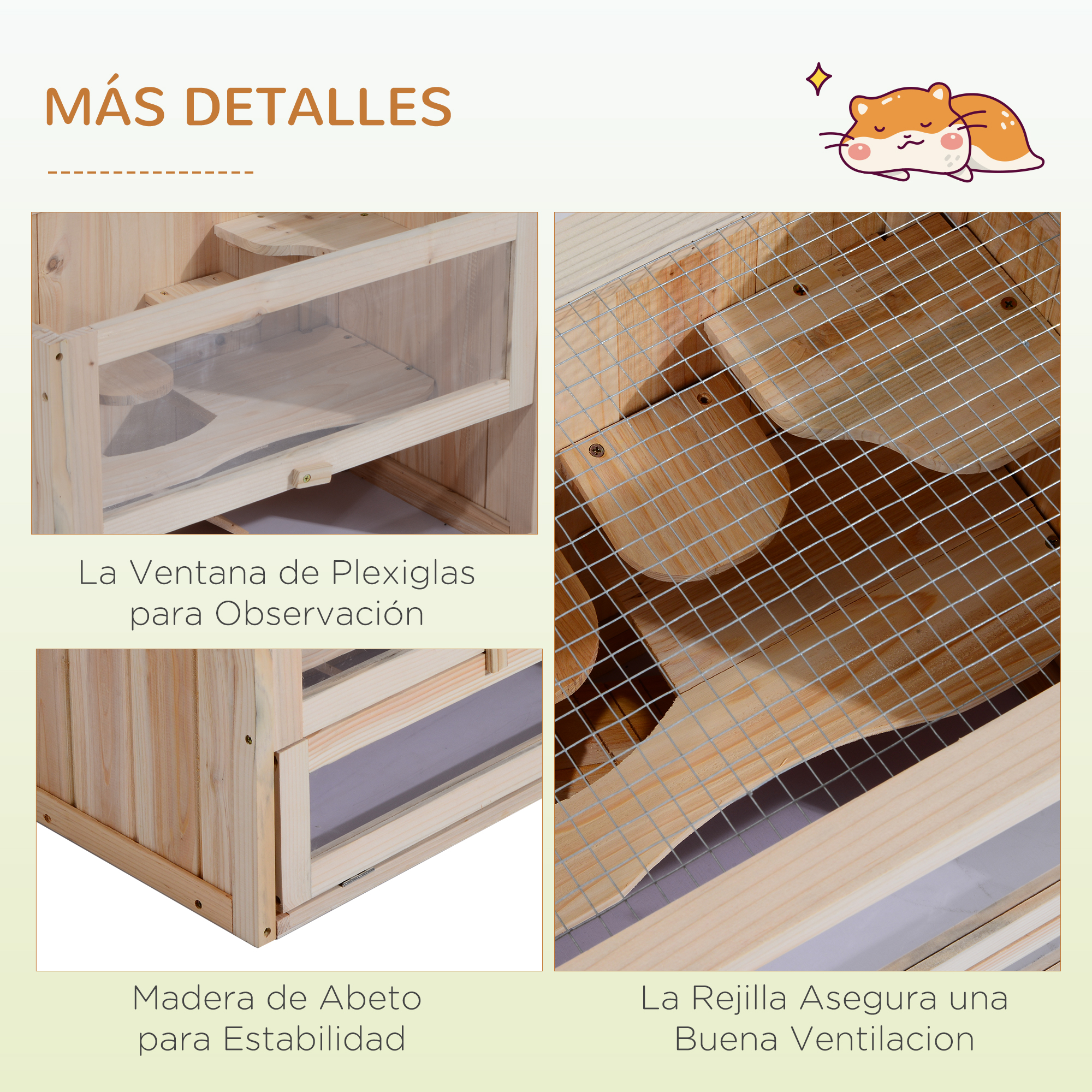 Casa de madera con ventana de plexiglás y rejilla.