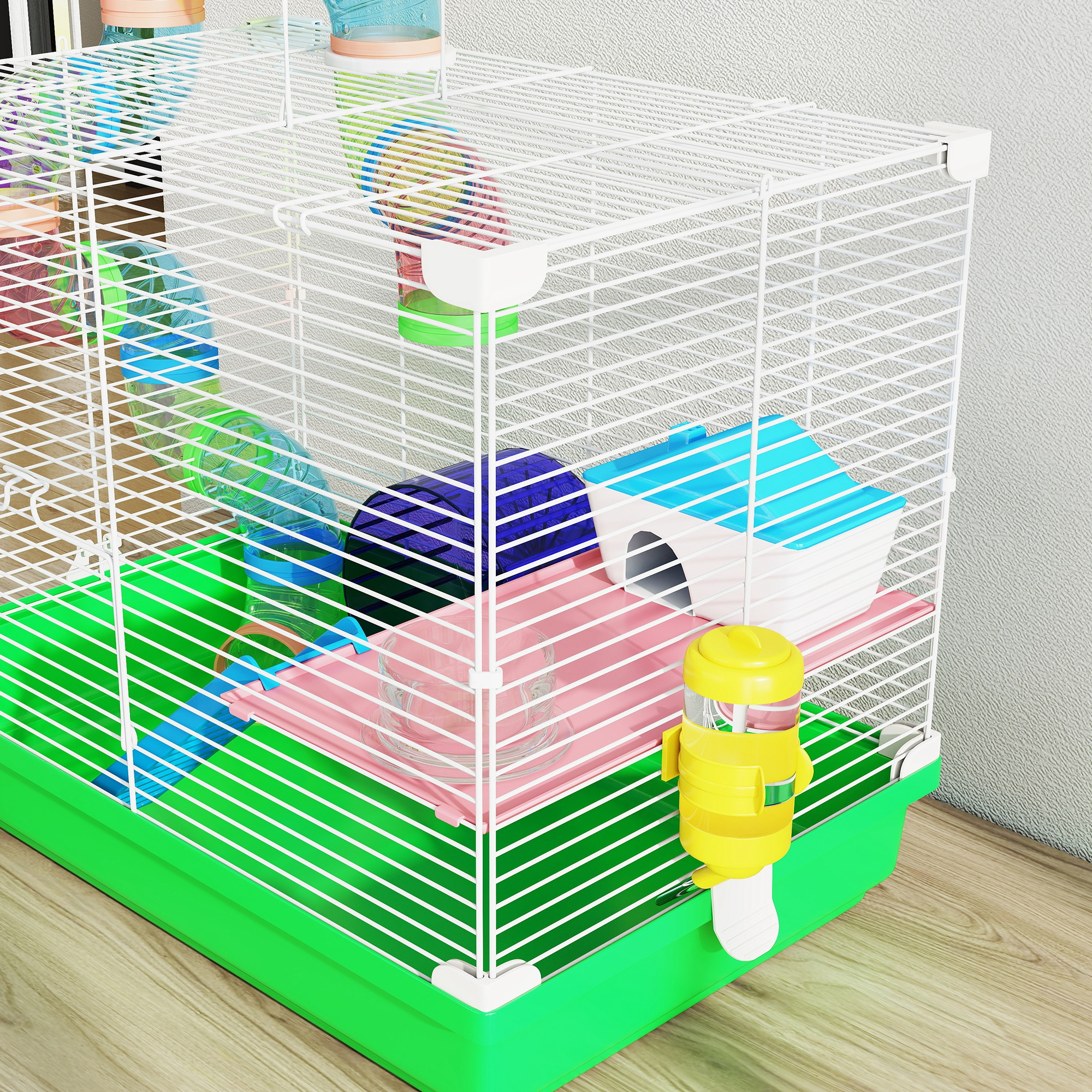 Una jaula colorida para hámsters con tubos, rueda, casa y dispensador de agua.