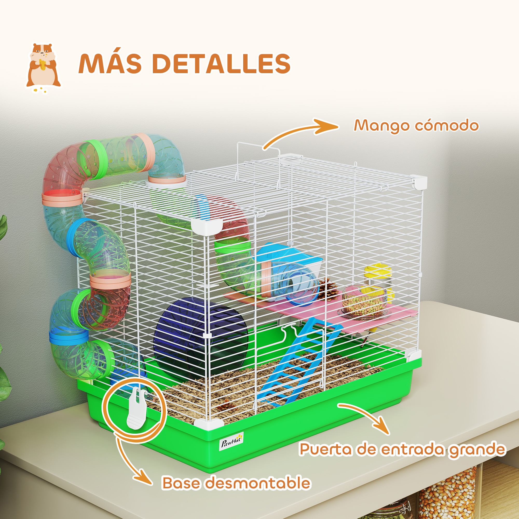 Una jaula para hámsters con tubos, ruedas y accesorios en una encimera.