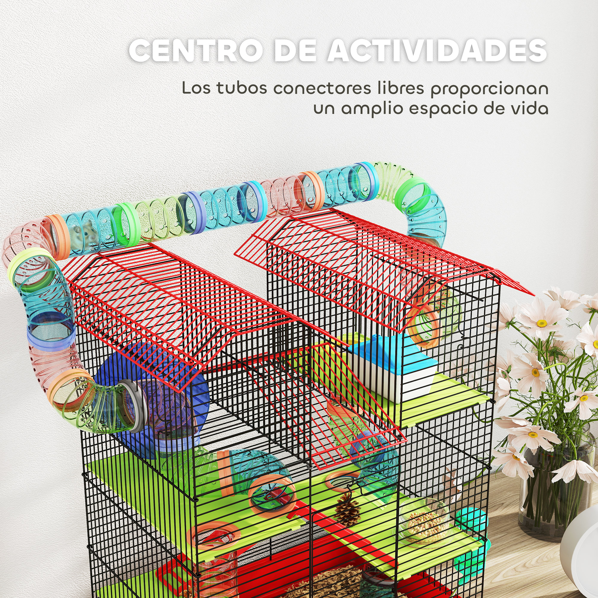 Una jaula para hámster de varios niveles con tubos coloridos y accesorios.