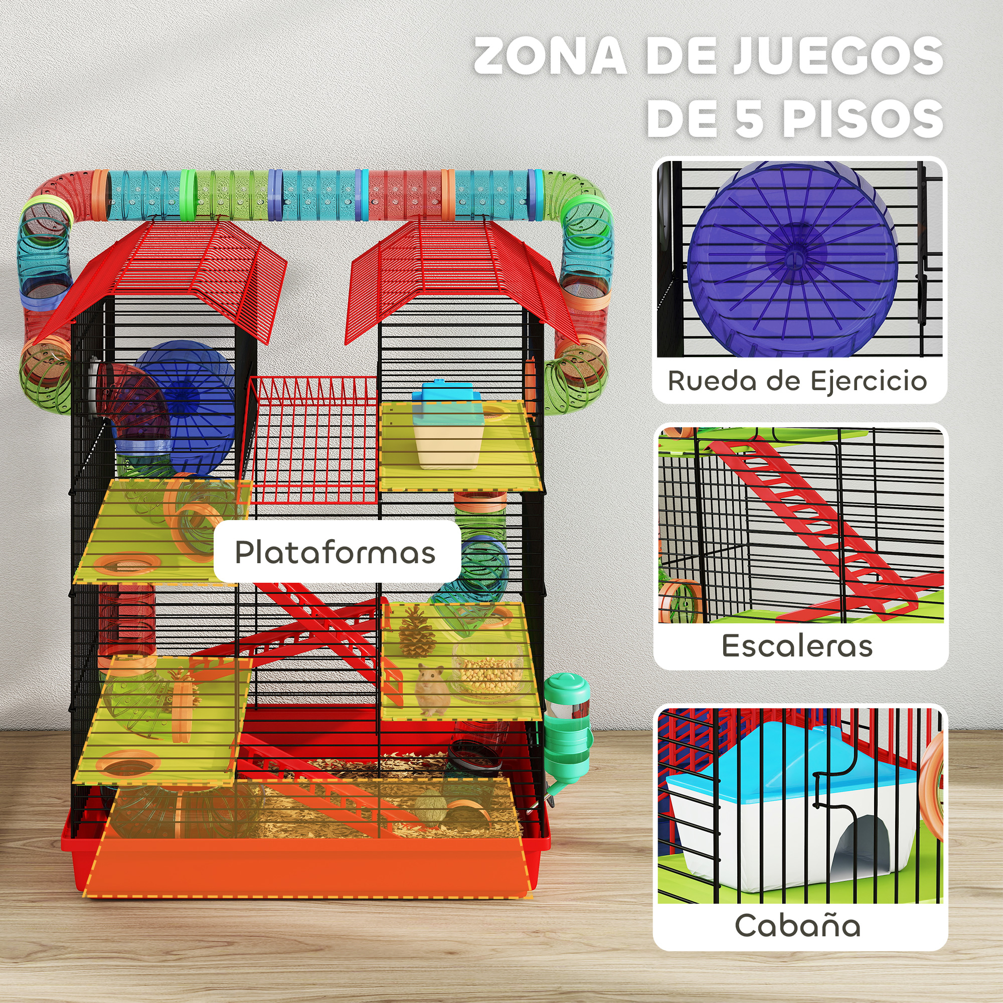 Una jaula para hámster de varios niveles con túneles, plataformas, rueda y casa.