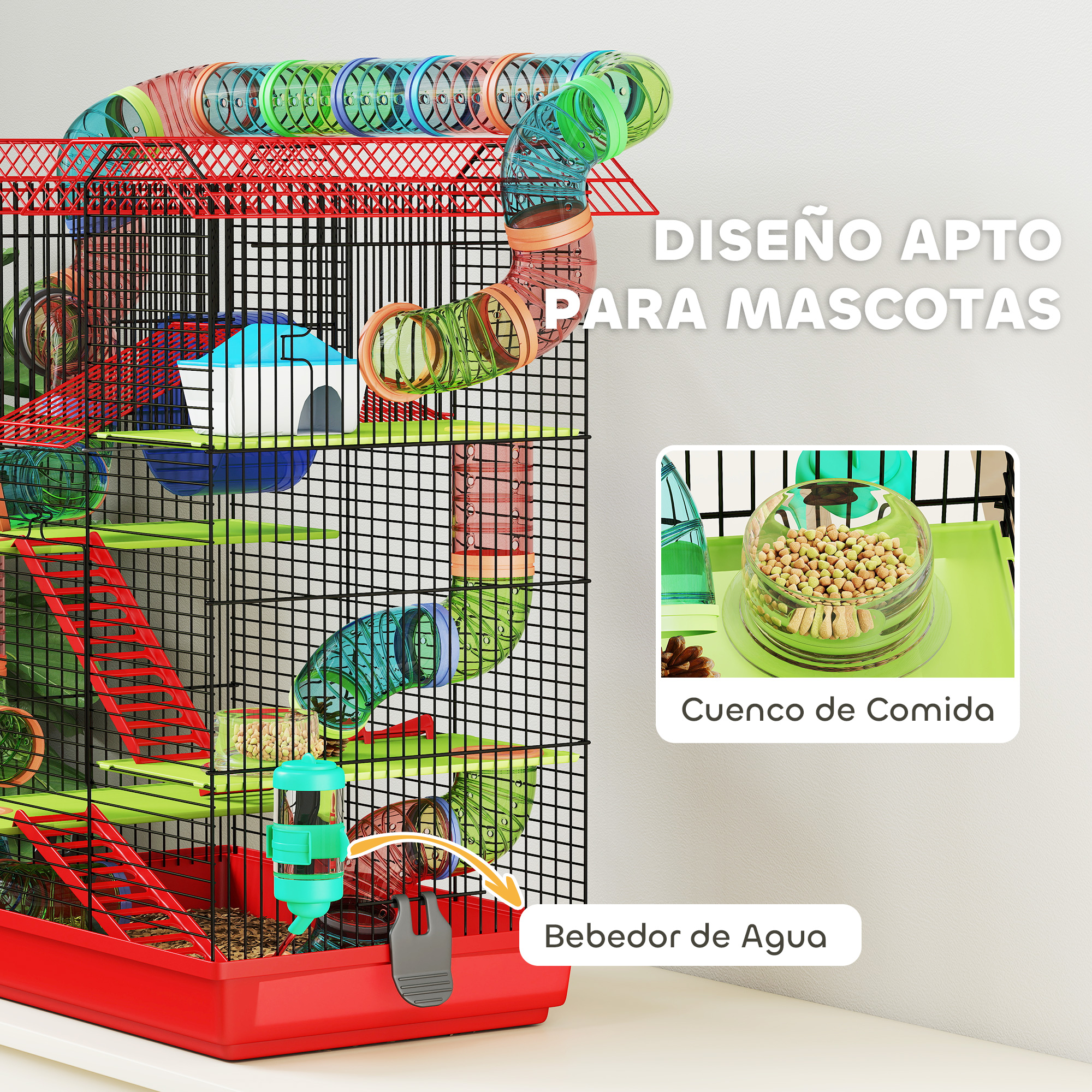 Una jaula de hámster con tubos coloridos, rampas, una casa y un dispensador de agua.