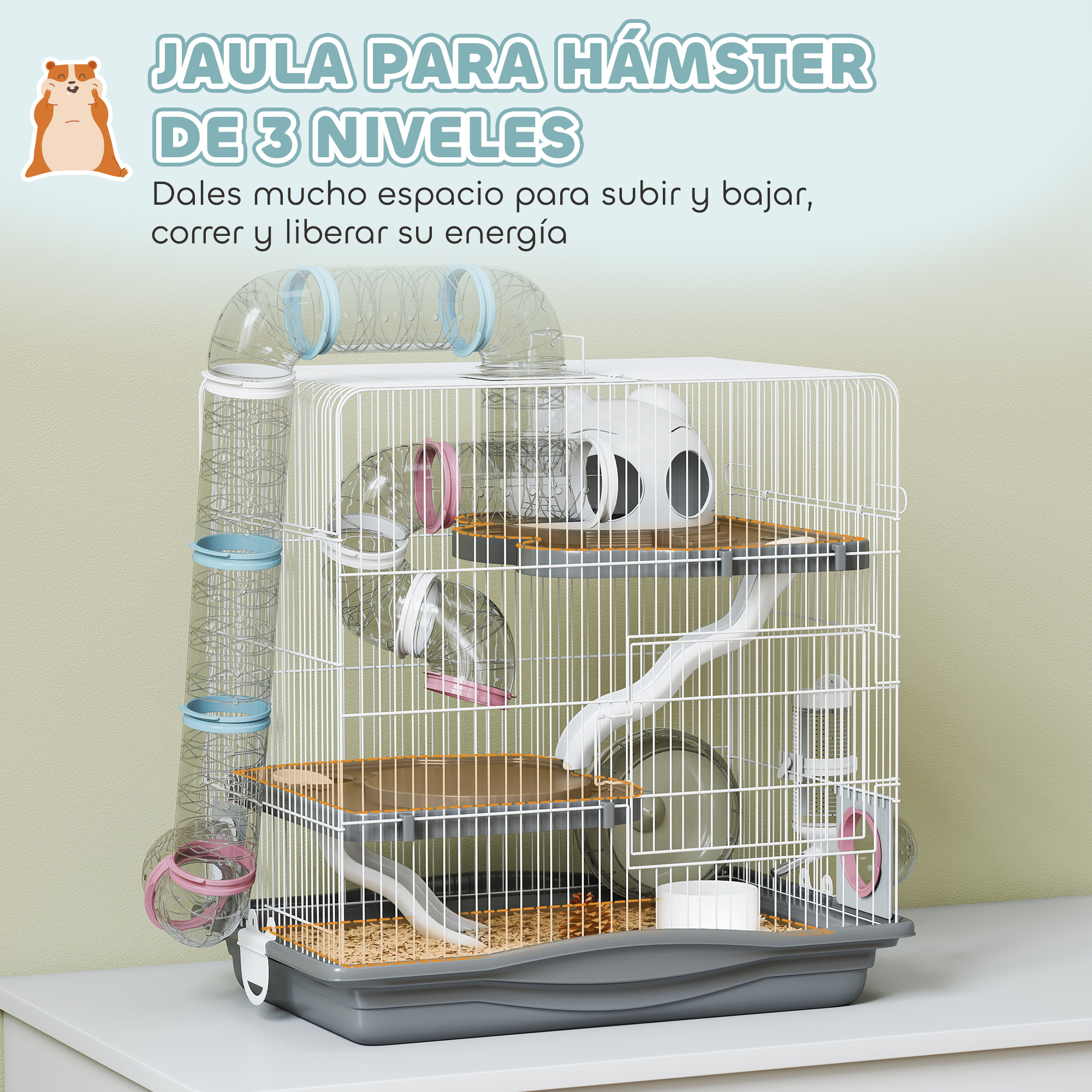 Una jaula de hámster de 3 niveles con túneles, plataformas y rueda.