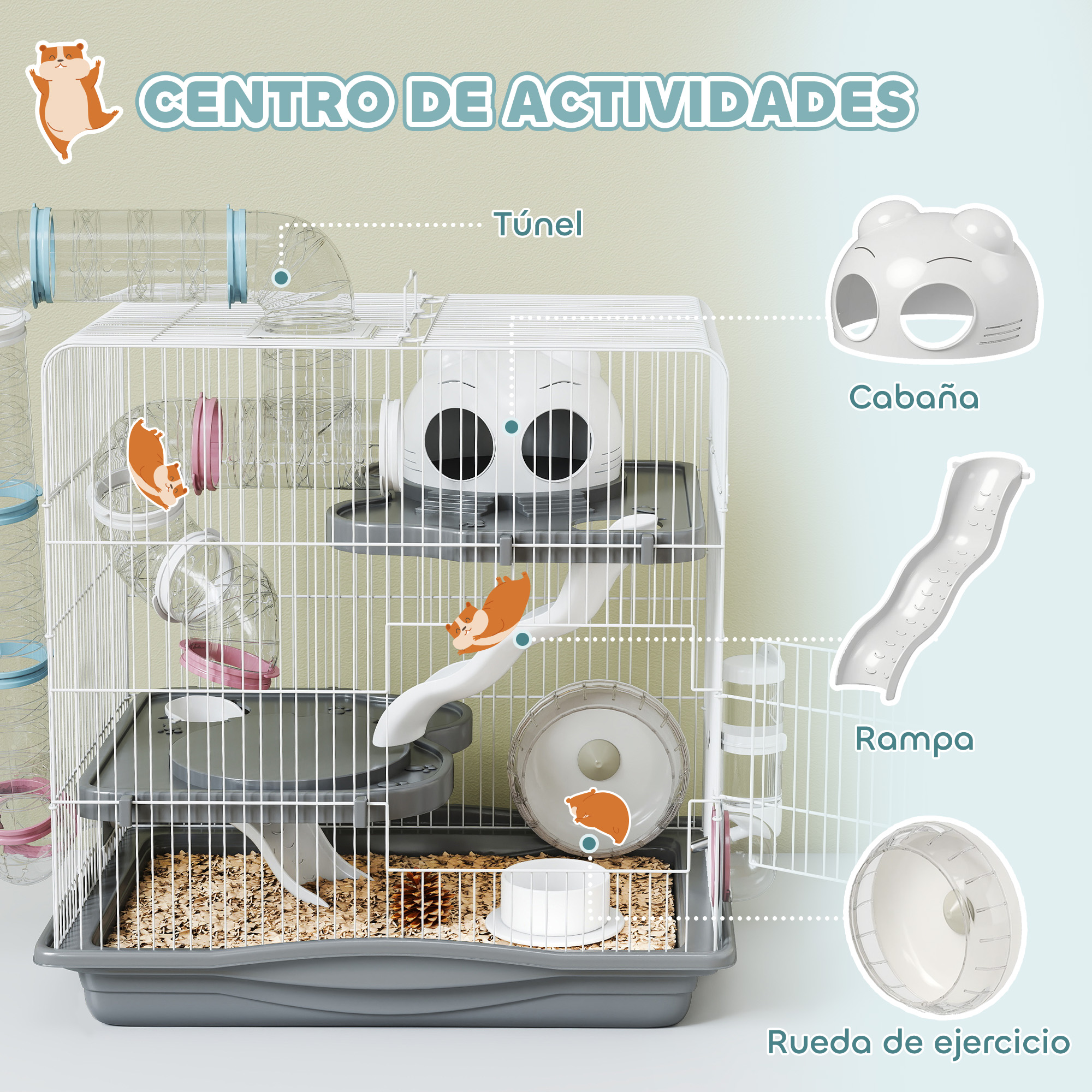 Una jaula para hámster con túneles, casa, rampa y rueda.