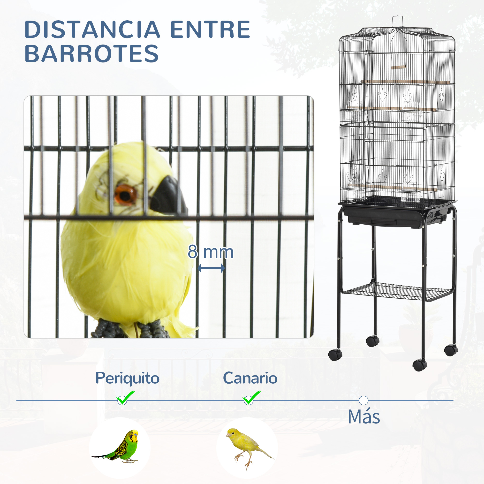 Un pájaro amarillo en una jaula, junto a una jaula para pájaros con ruedas.