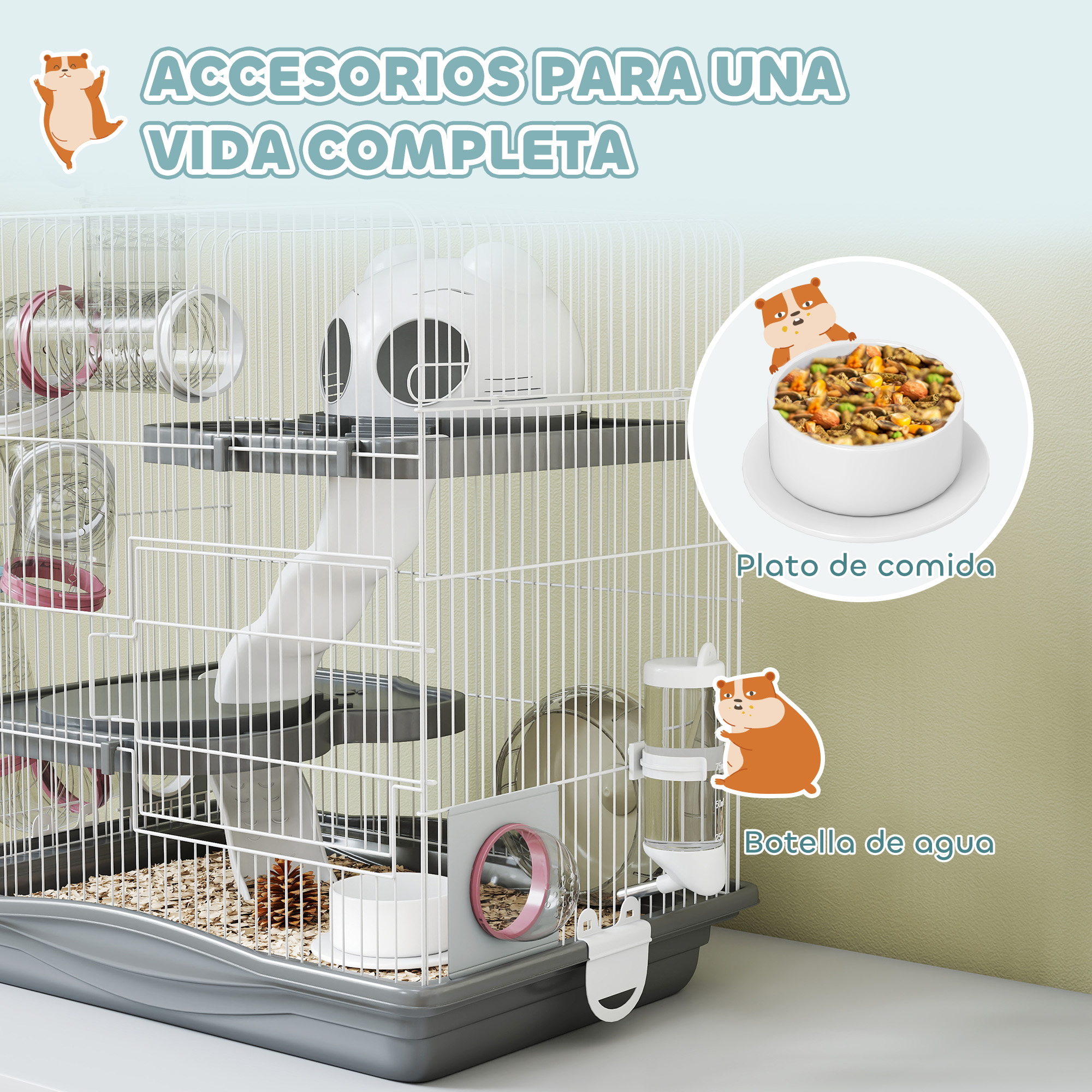 Una jaula para hámster con túneles, rueda y dispensadores de comida.