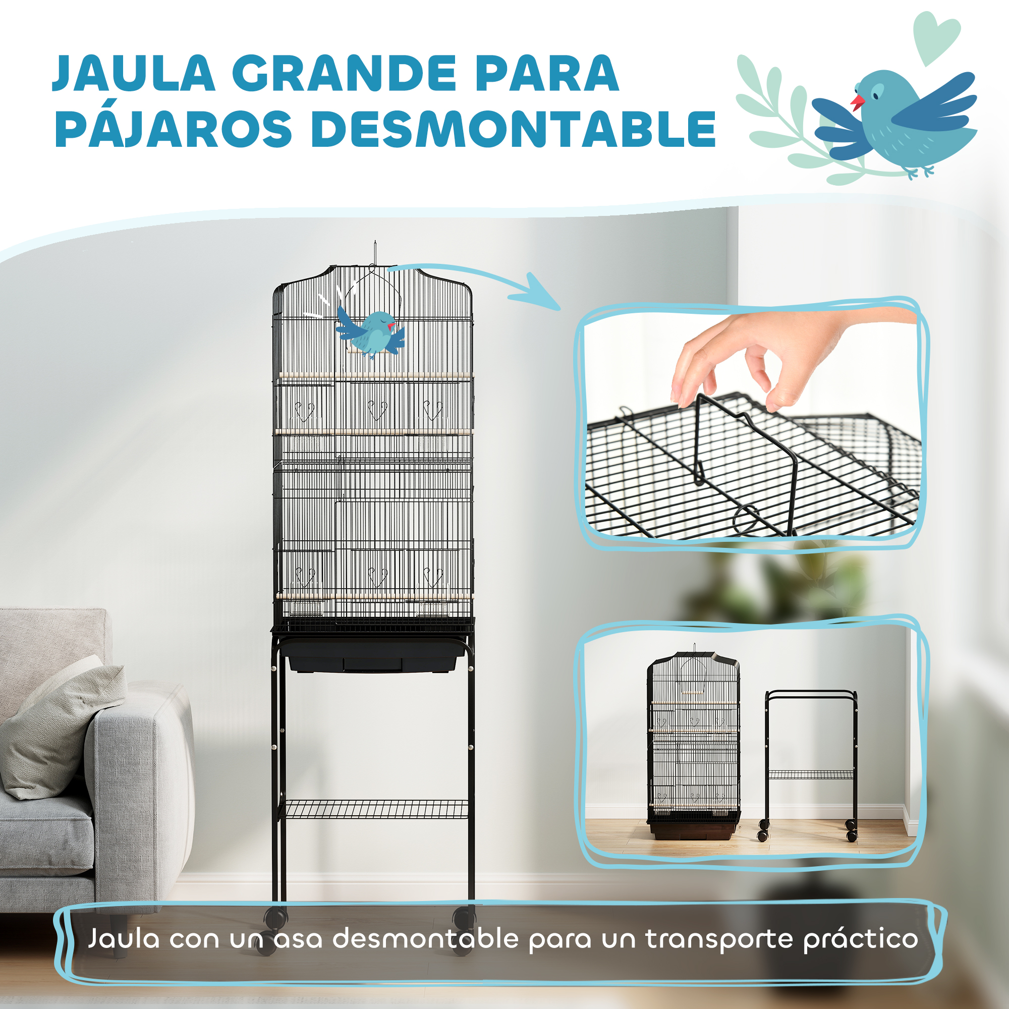 Se muestra una jaula grande y desmontable para pájaros con soporte.