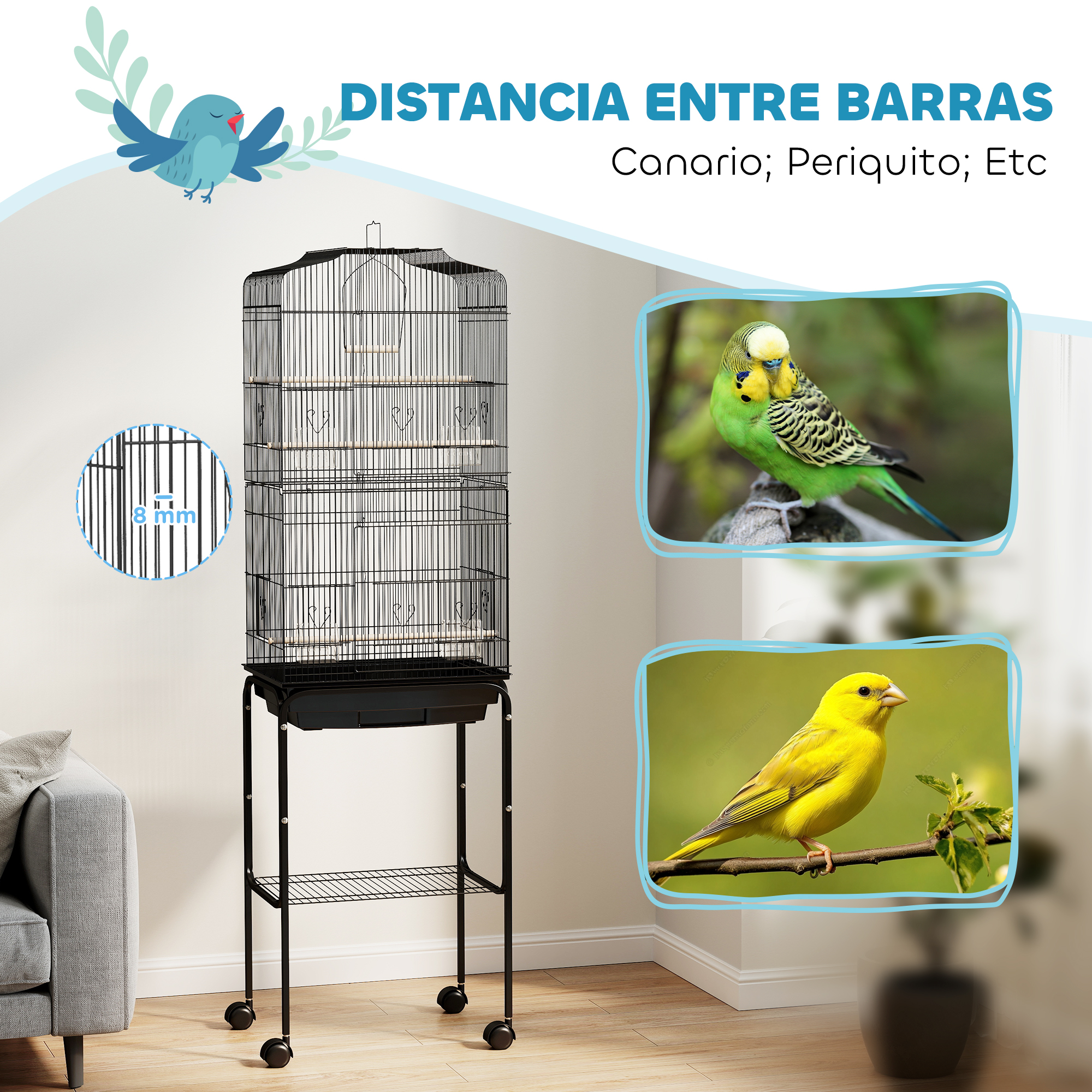 Una jaula negra para pájaros sobre un soporte con dos pájaros. 8mm.