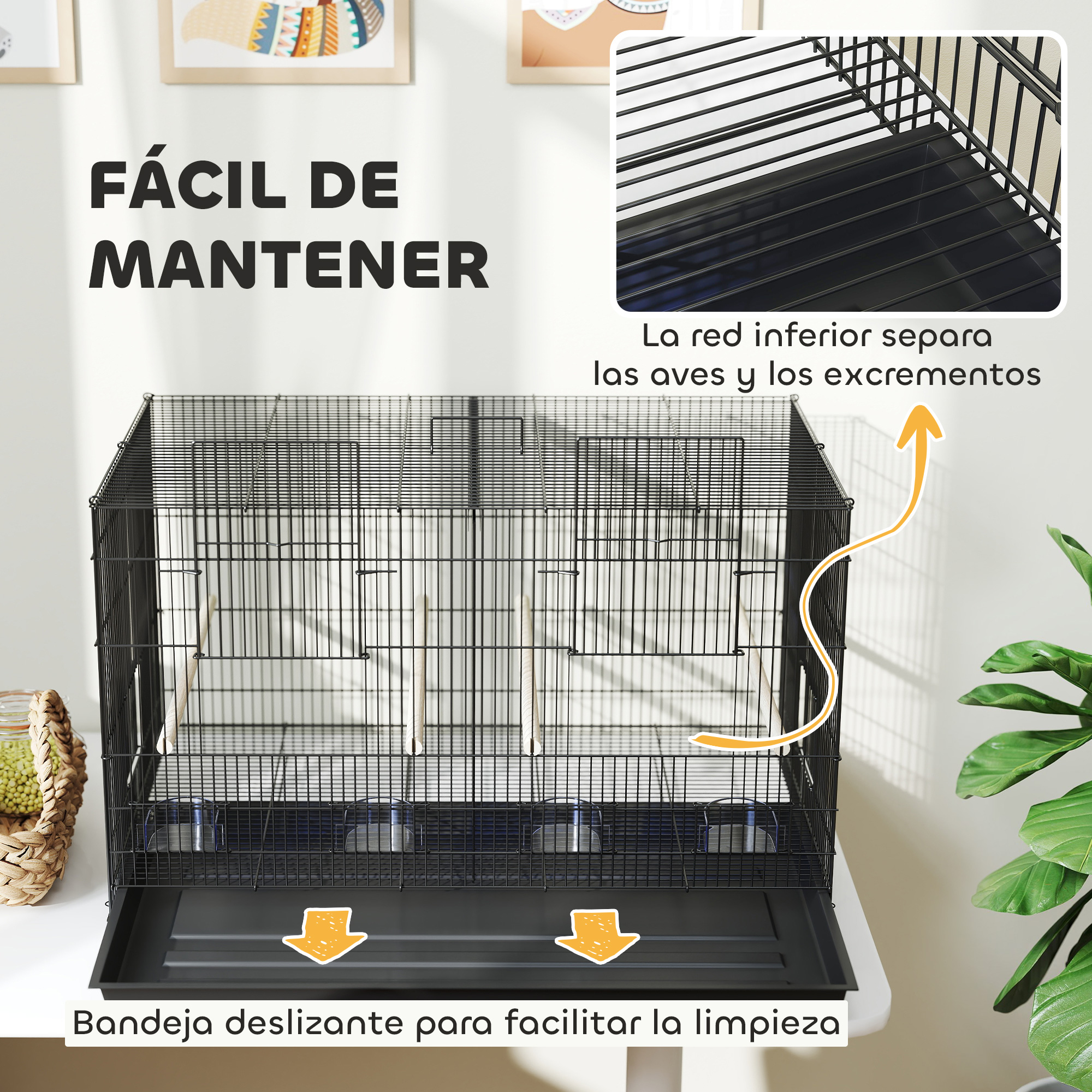 Una jaula negra para pájaros con bandeja extraíble y comederos.