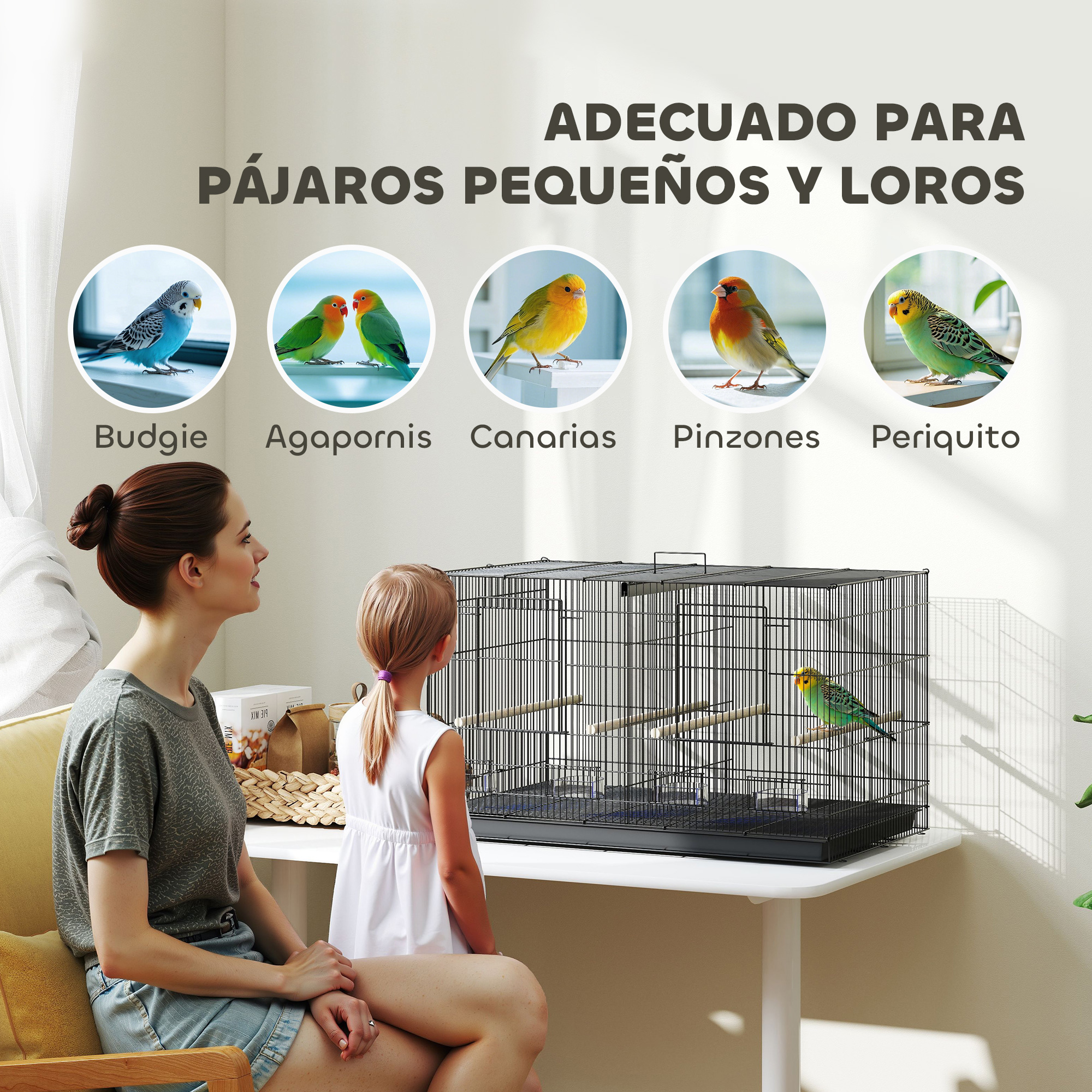 Mujer y niña miran una jaula para pájaros con varias aves.