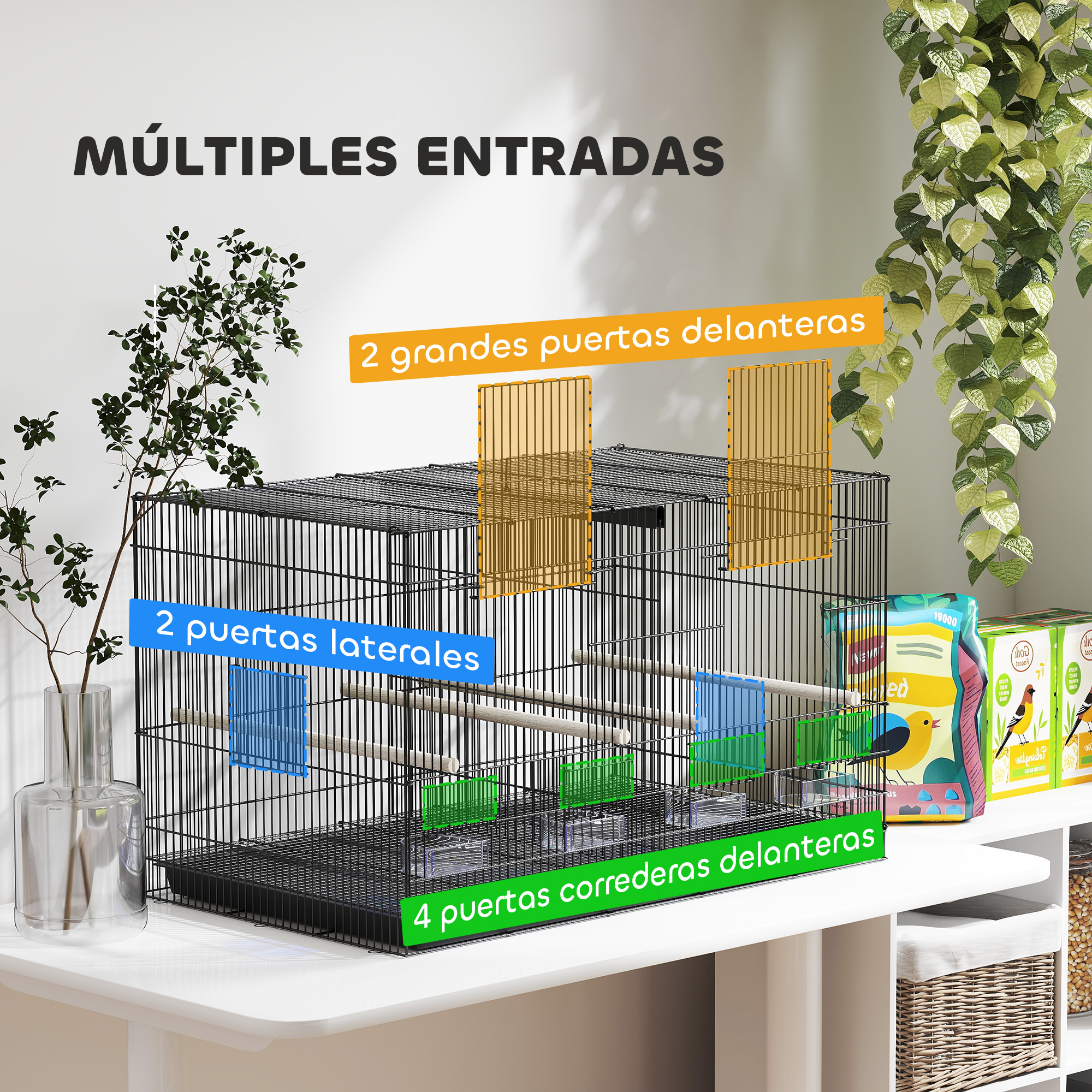 Una jaula negra para pájaros con múltiples entradas, cajas de comida y plantas.