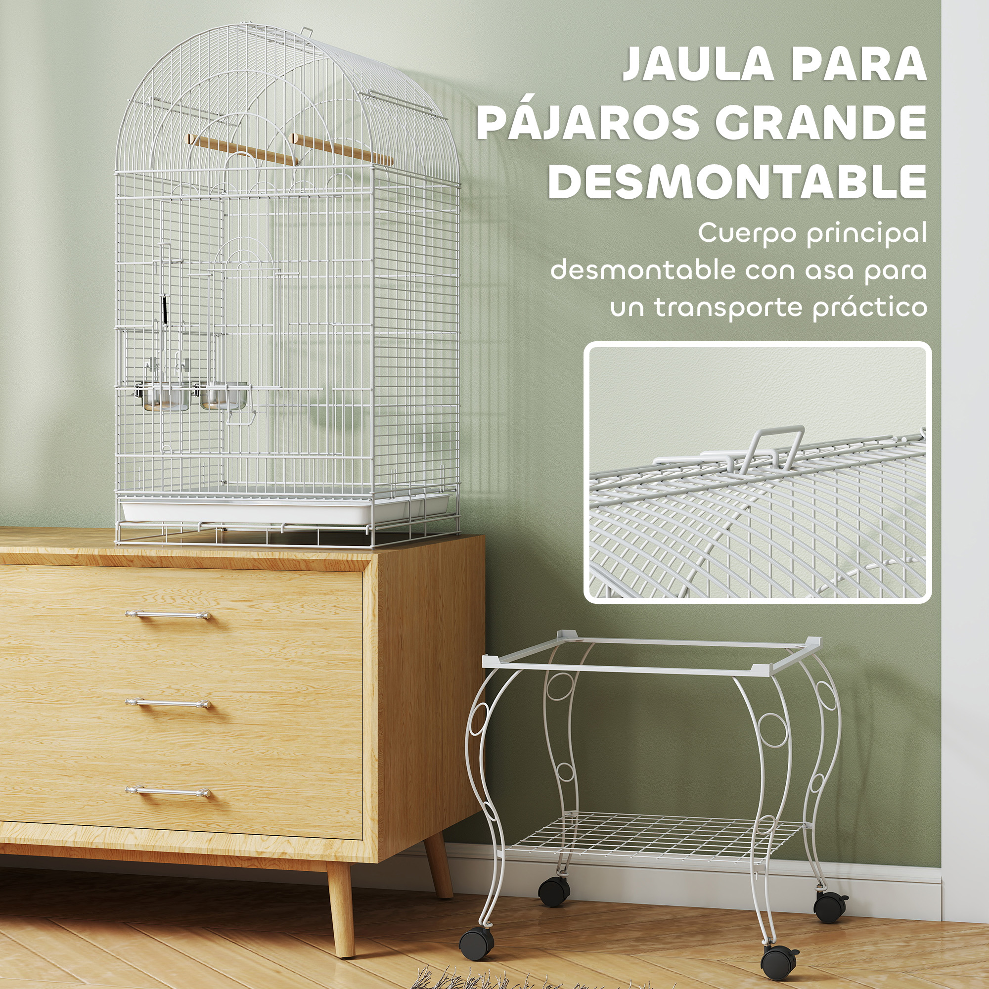 Jaula grande blanca con arco sobre cómoda de madera. Debajo un soporte blanco con ruedas.