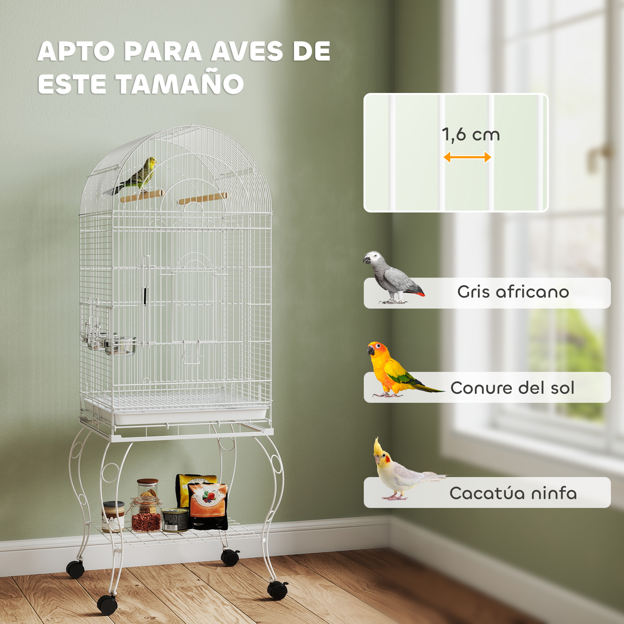 Una jaula blanca para pájaros con pájaros y comida, junto a una ventana.