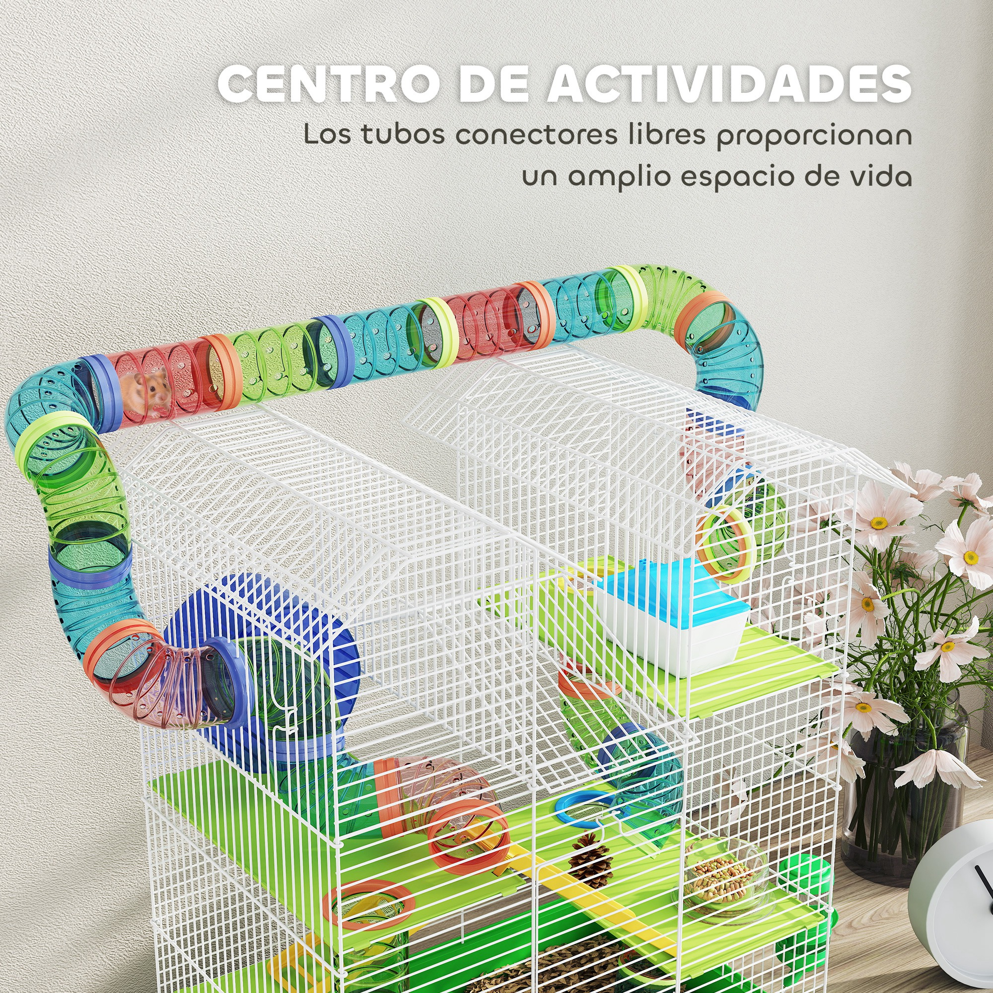 Una jaula para hámster con tubos, niveles y rueda coloridos. Flores y reloj al fondo.