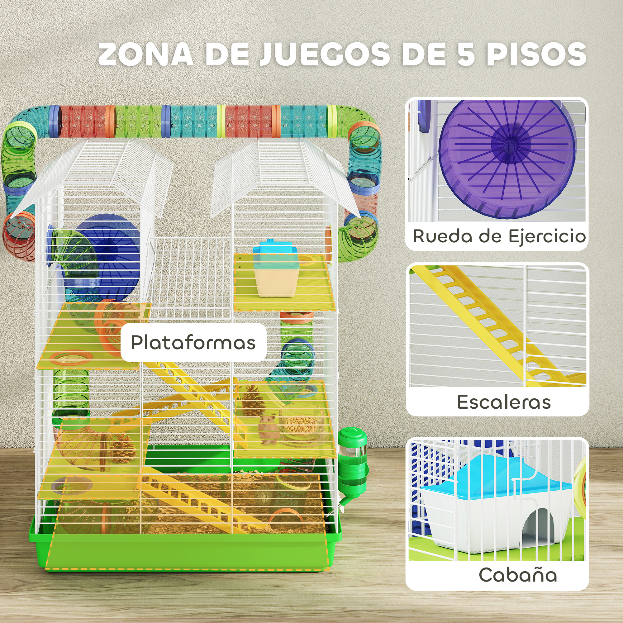 Jaula para hámster de varios niveles con tubos, plataformas, rueda y casa.